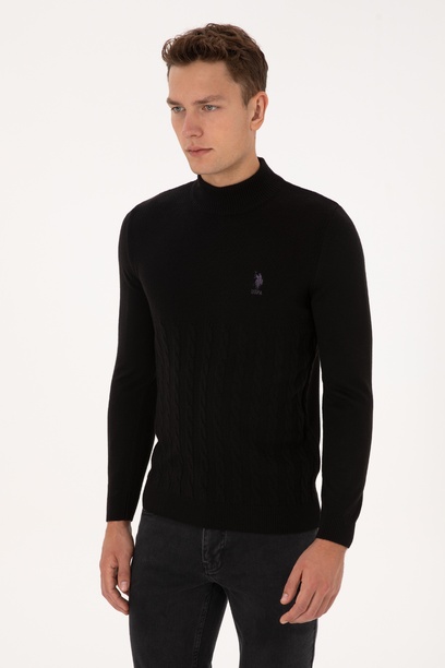 Erkek Slim Fit Yarım Balıkçı Yaka Siyah Kazak