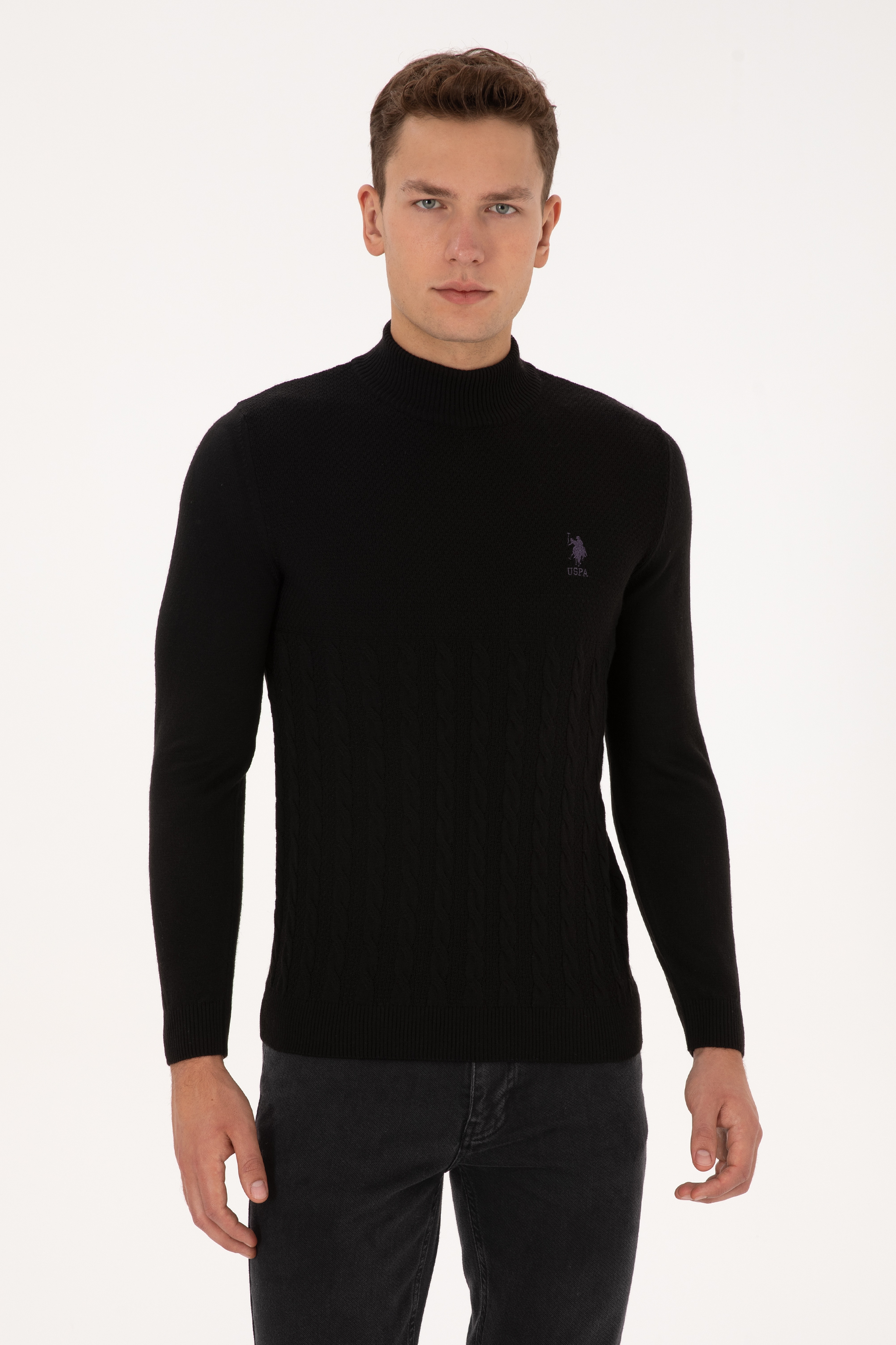 Erkek Slim Fit Yarım Balıkçı Yaka Siyah Kazak - Image 1