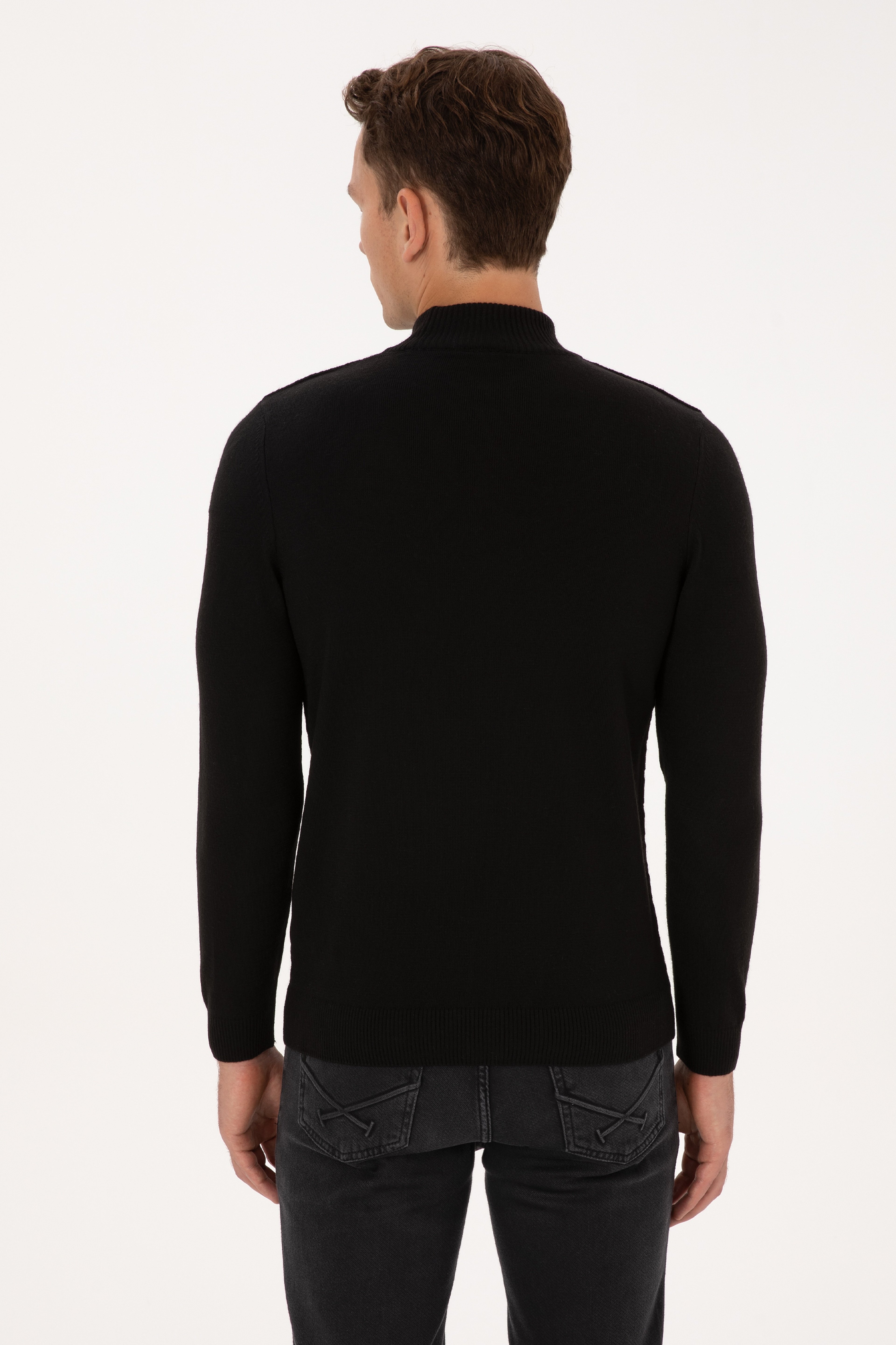 Erkek Slim Fit Yarım Balıkçı Yaka Siyah Kazak