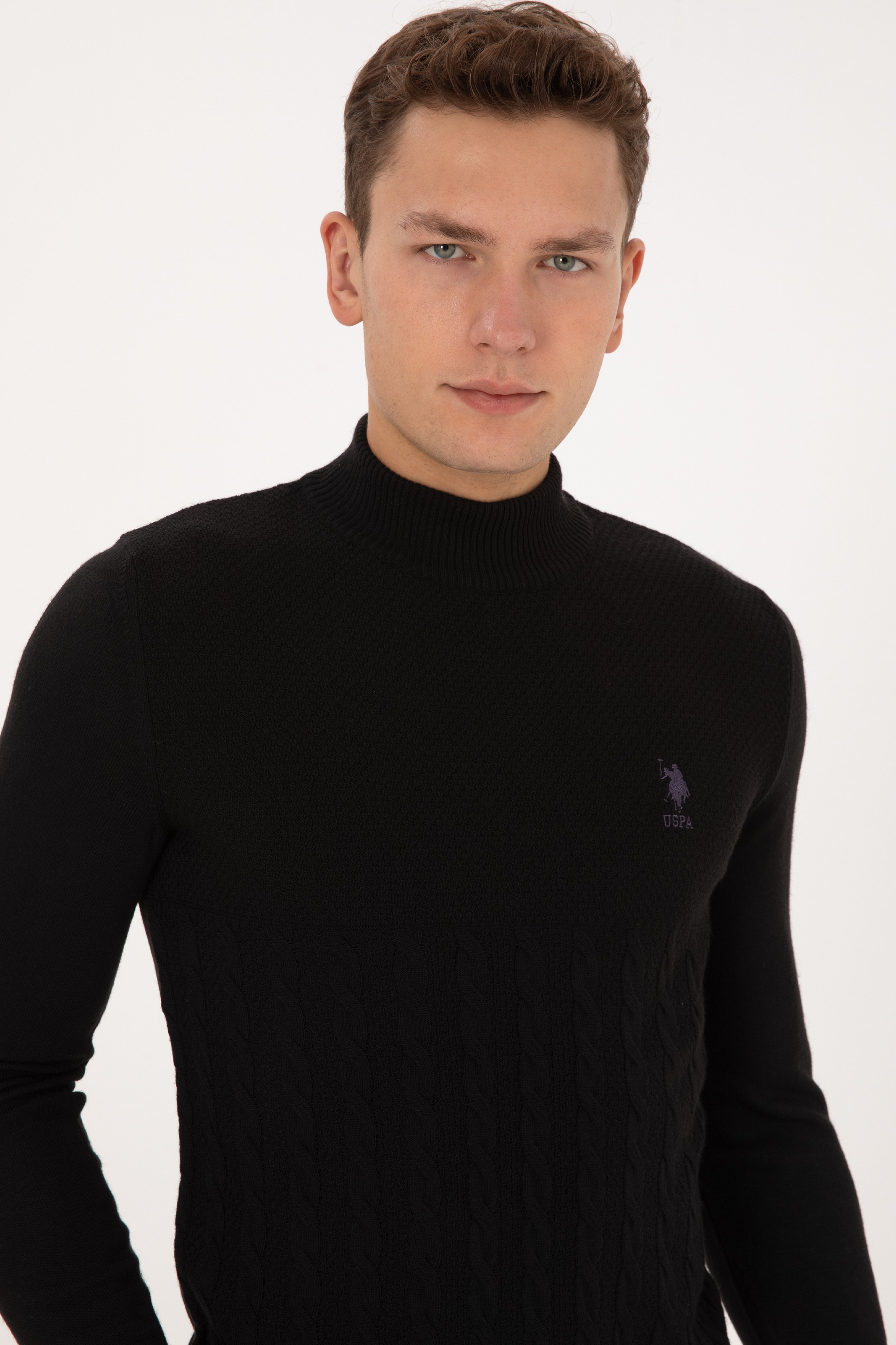 Erkek Slim Fit Yarım Balıkçı Yaka Siyah Kazak