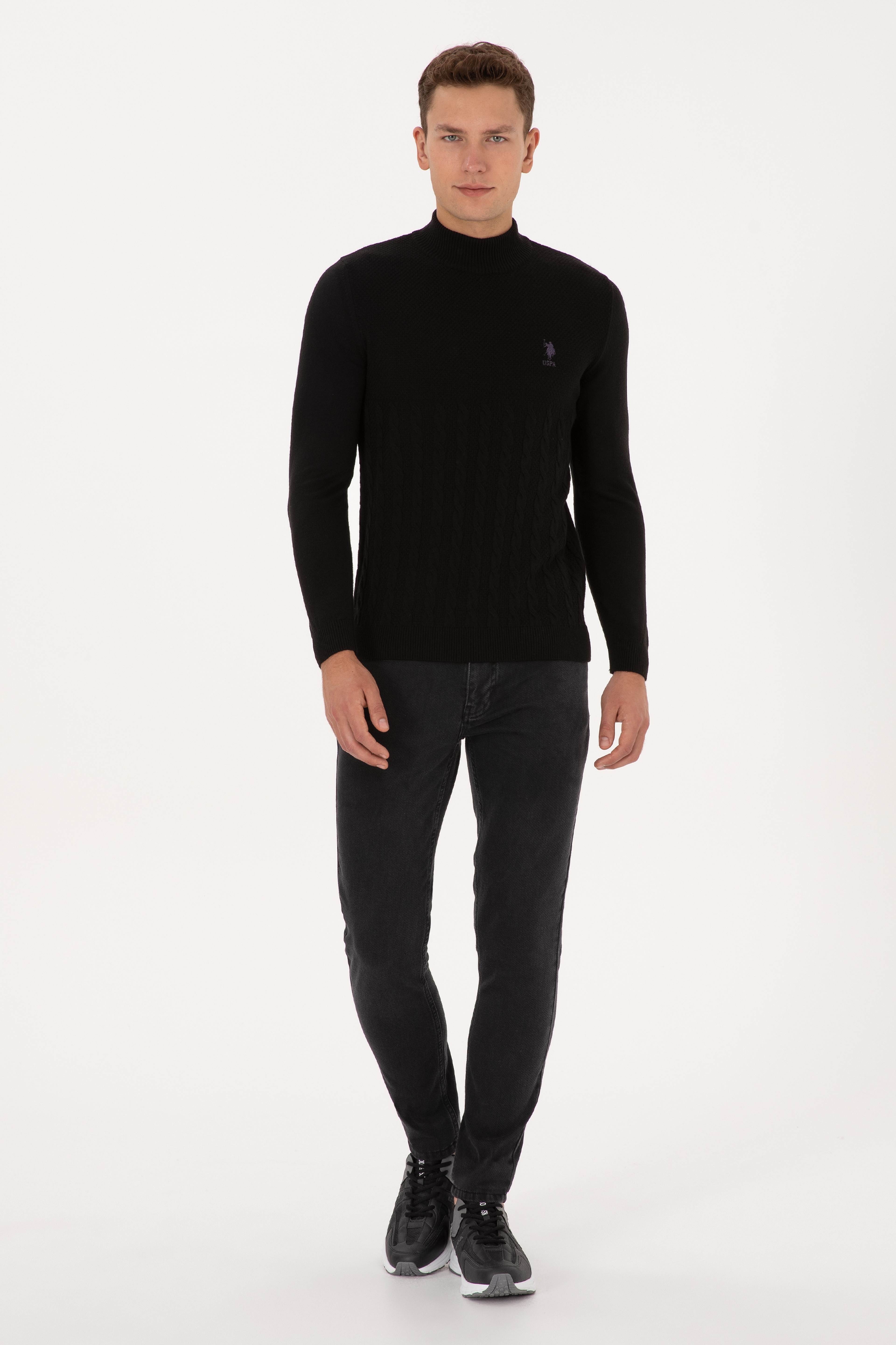 Erkek Slim Fit Yarım Balıkçı Yaka Siyah Kazak