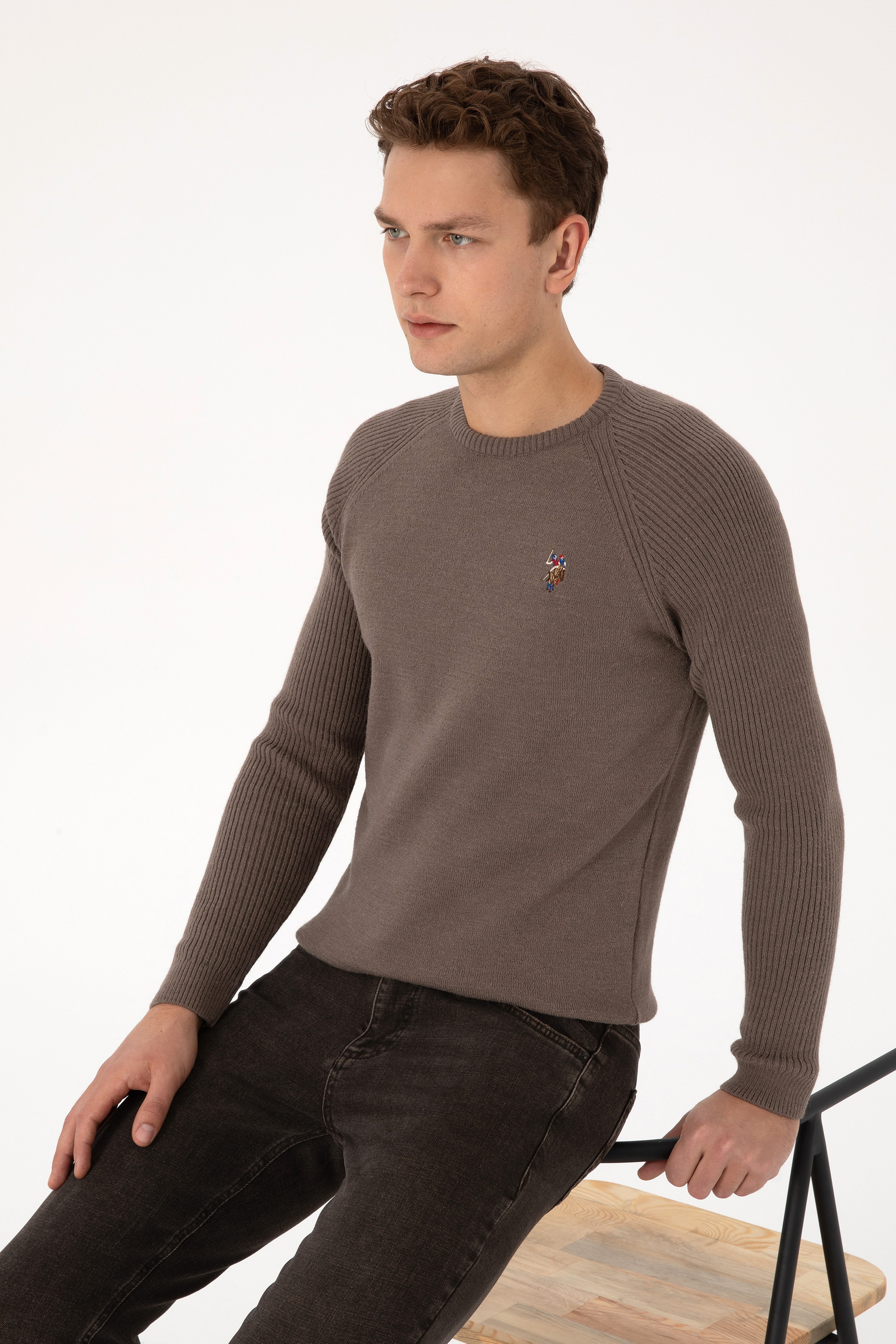 Erkek Regular Fit Bisiklet Yaka Vizon Kazak - Image 3
