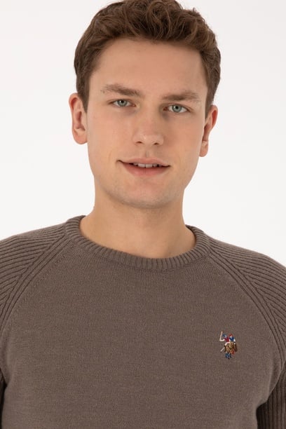 Erkek Regular Fit Bisiklet Yaka Vizon Kazak