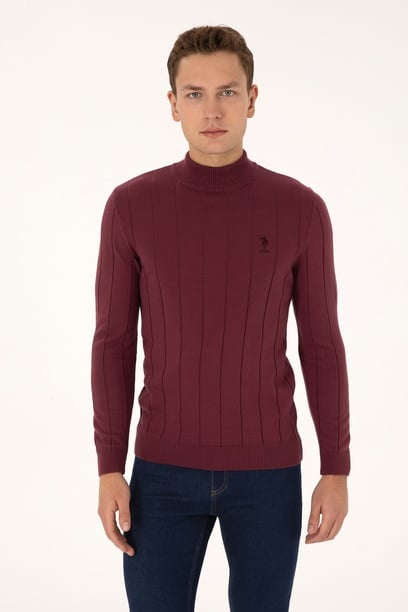 Erkek Slim Fit Yarım Balıkçı Yaka Bordo Kazak
