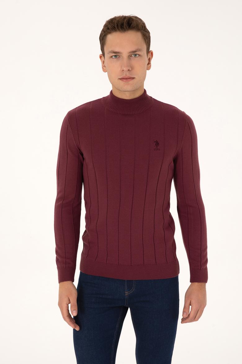 Erkek Slim Fit Boğazlı Yaka Bordo Kazak - 50315019015