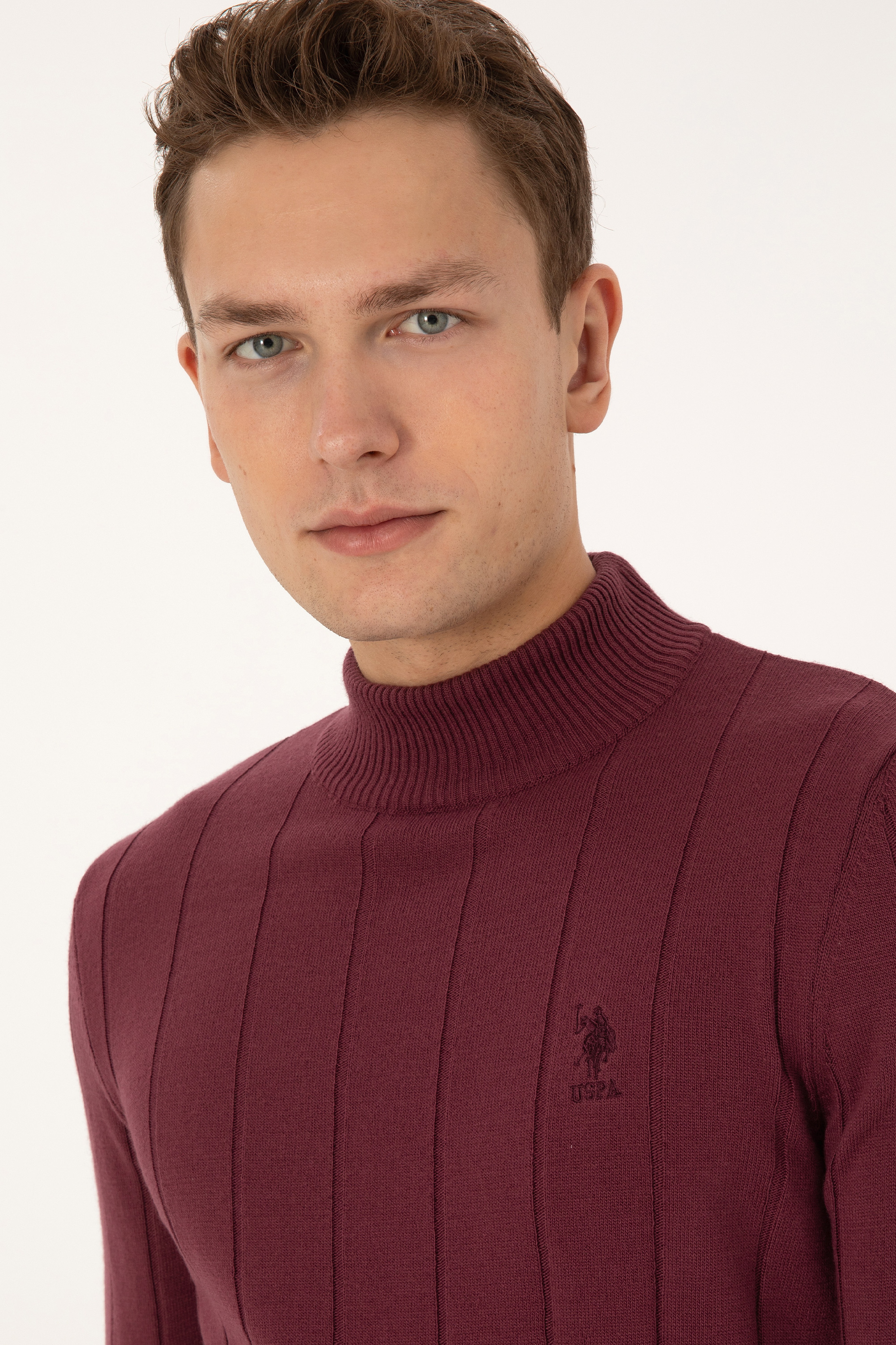 Erkek Slim Fit Yarım Balıkçı Yaka Bordo Kazak