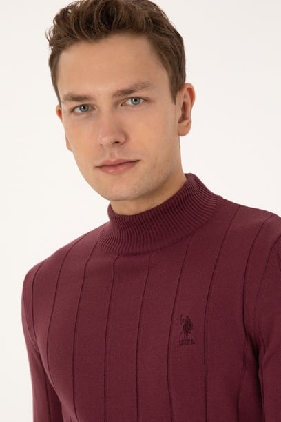 Erkek Slim Fit Yarım Balıkçı Yaka Bordo Kazak