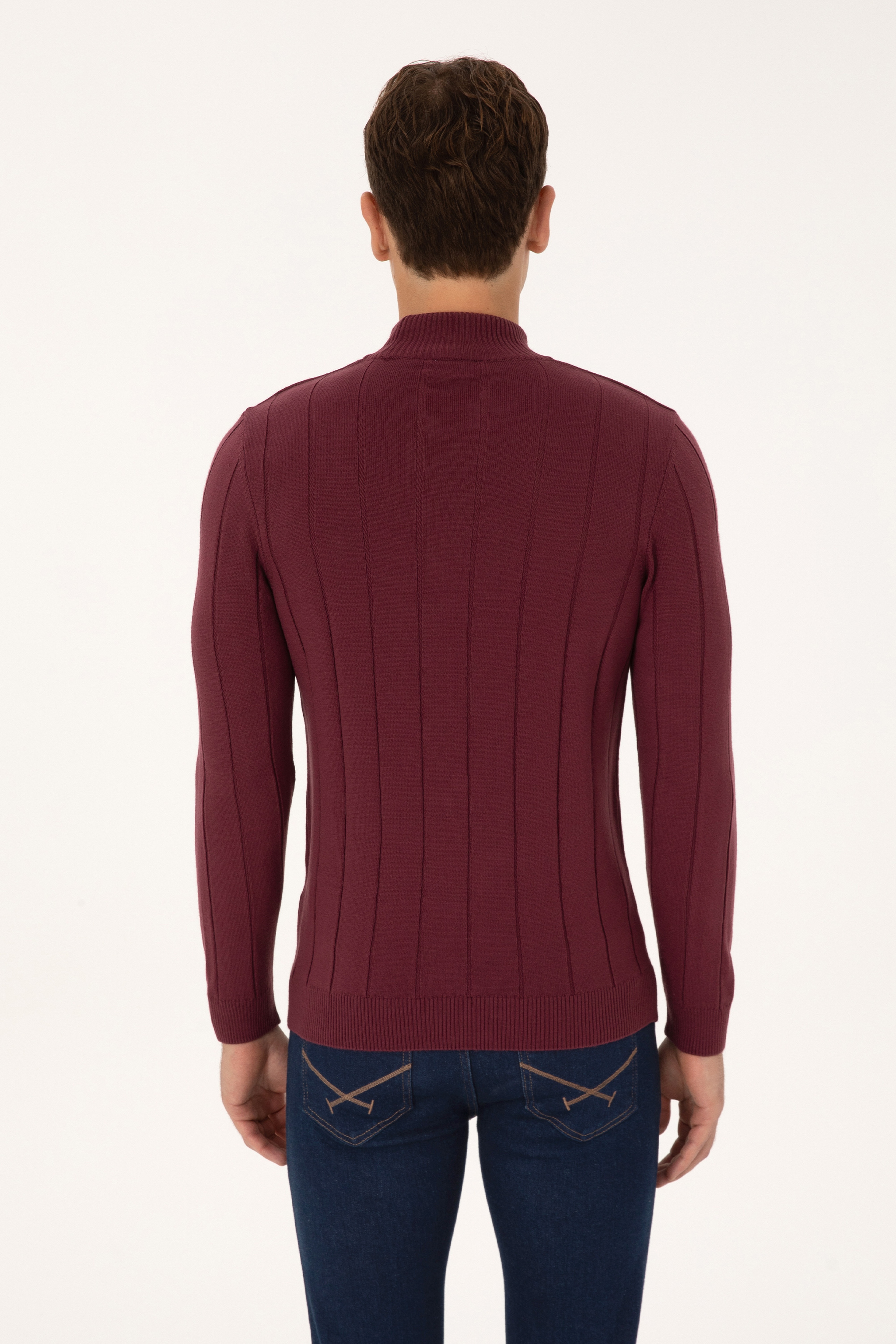 Erkek Slim Fit Yarım Balıkçı Yaka Bordo Kazak