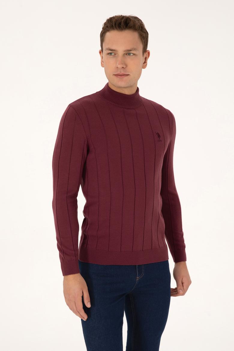 Erkek Slim Fit Boğazlı Yaka Bordo Kazak