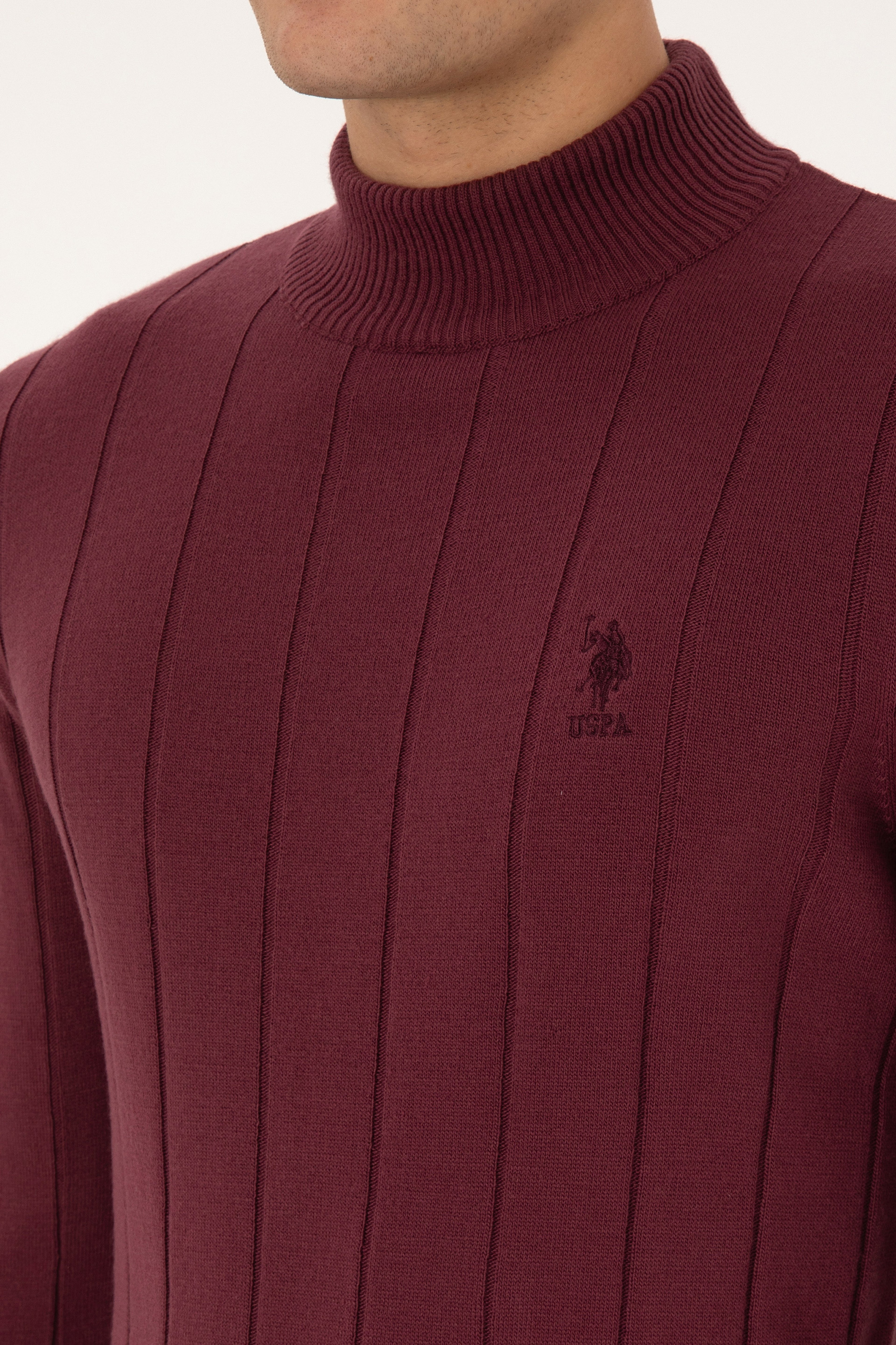 Erkek Slim Fit Yarım Balıkçı Yaka Bordo Kazak