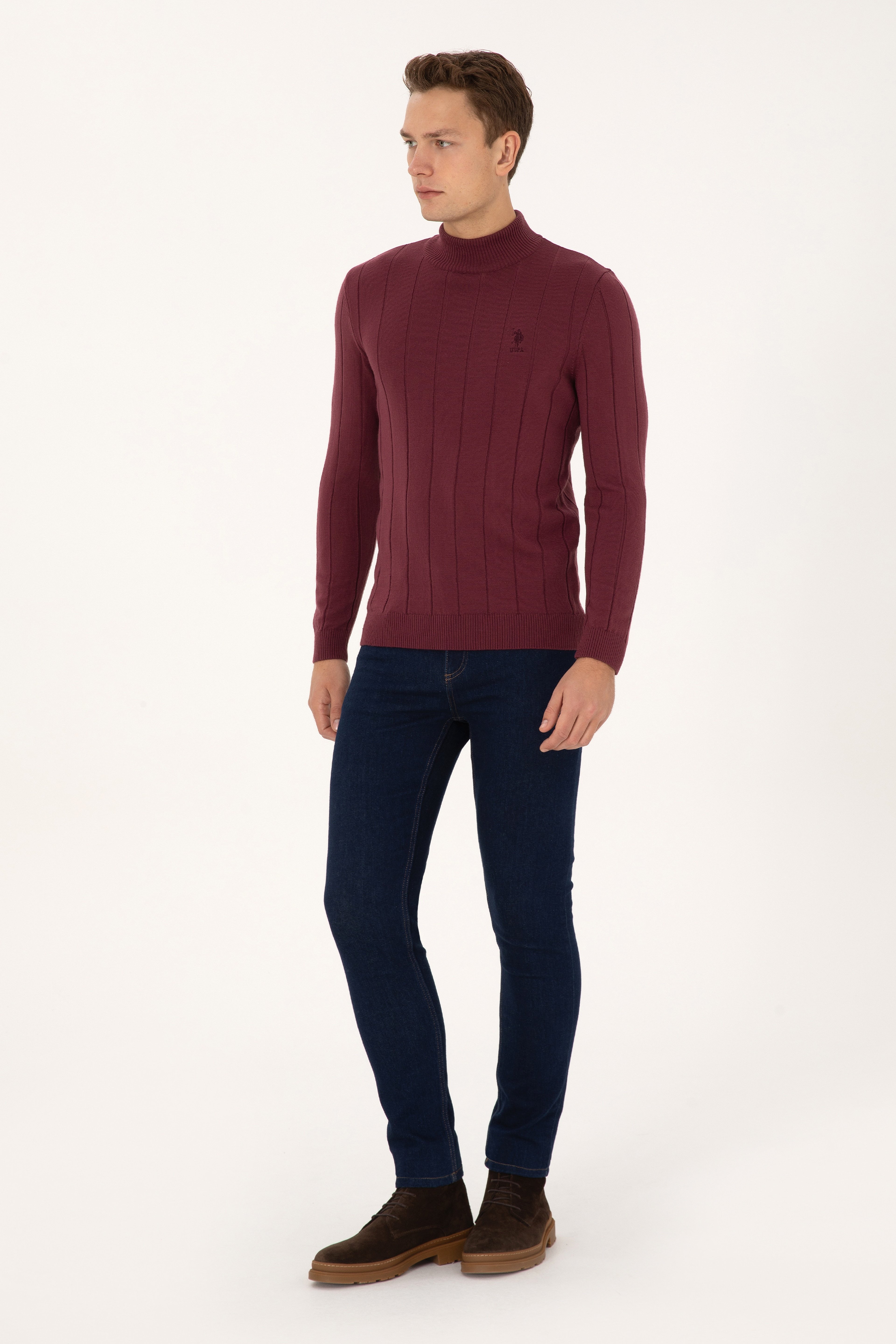 Erkek Slim Fit Yarım Balıkçı Yaka Bordo Kazak - Image 4