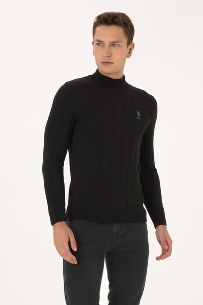 Erkek Slim Fit Yarım Balıkçı Yaka Siyah Kazak
