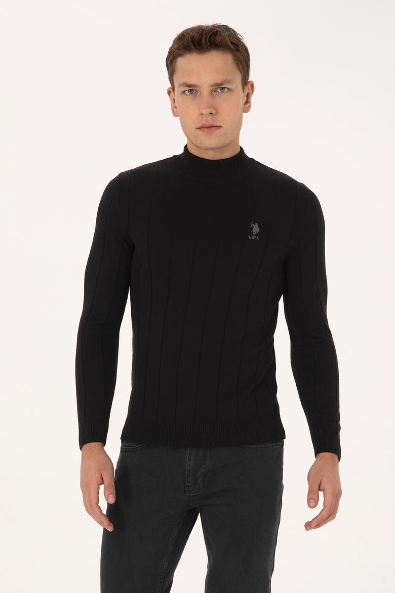 Erkek Slim Fit Boğazlı Yaka Siyah Kazak