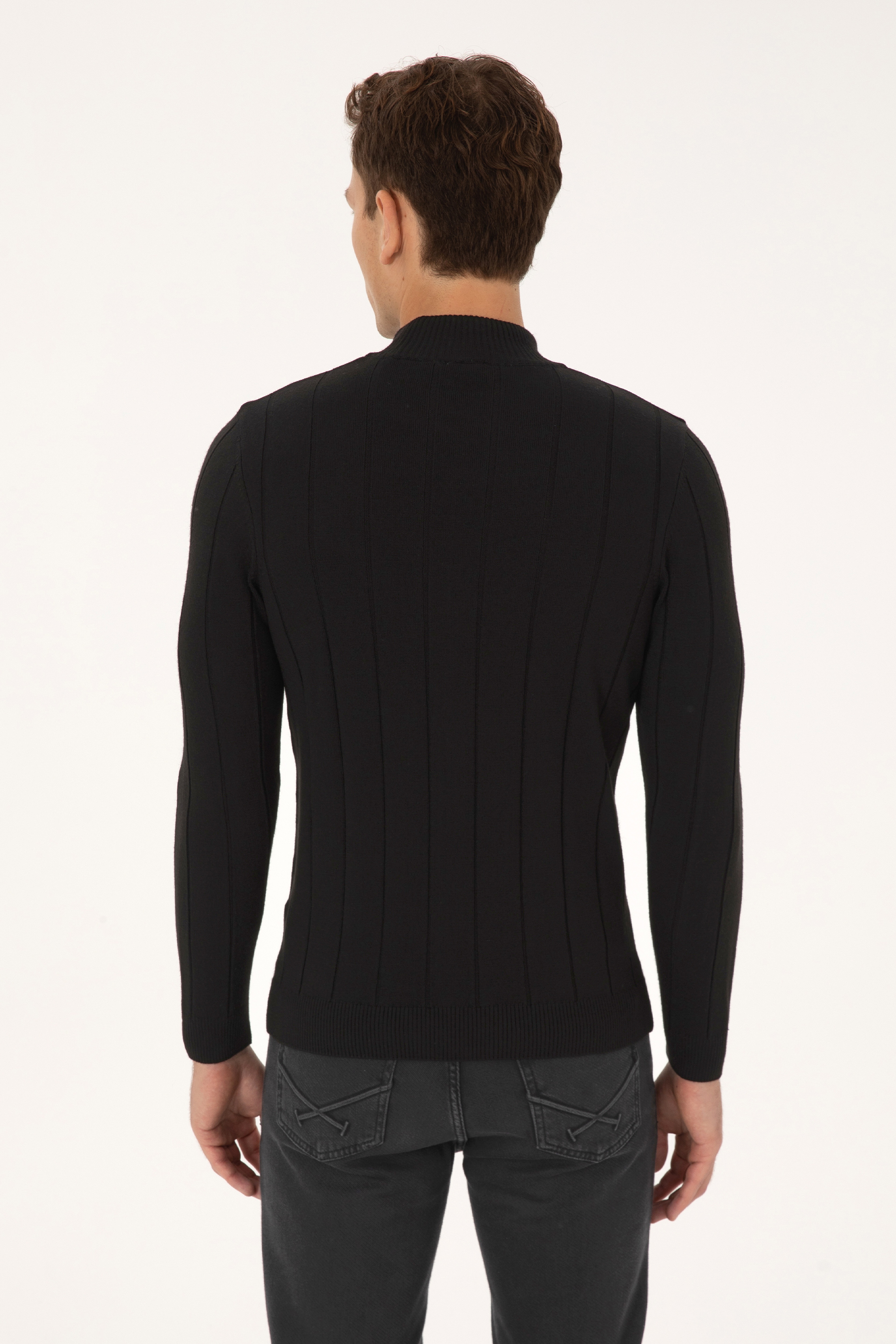 Erkek Slim Fit Yarım Balıkçı Yaka Siyah Kazak - Image 5