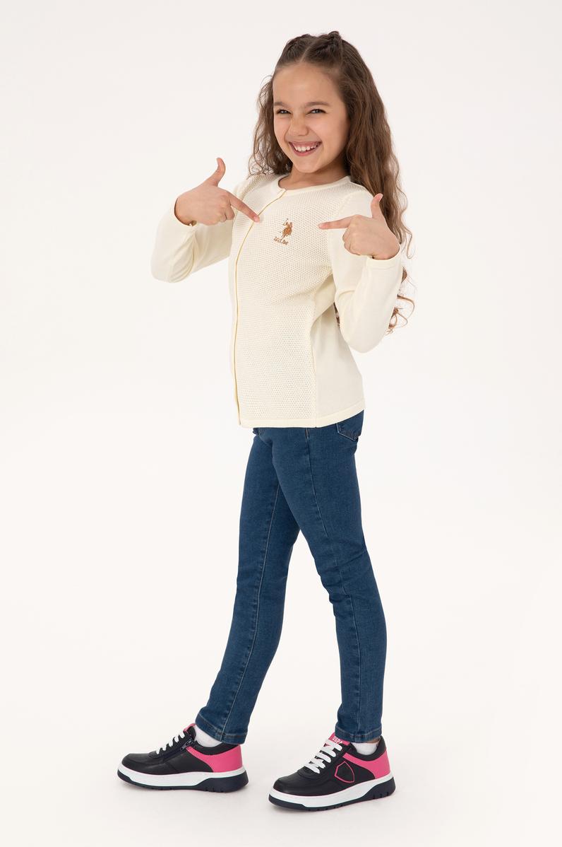 Kız Çocuk Krem Düğmeli Bisiklet Yaka Triko Hırka