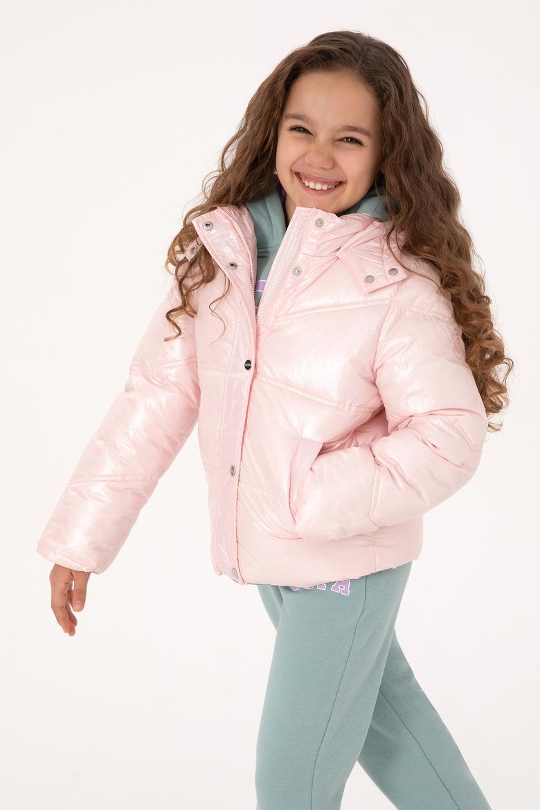 Kız Çocuk Açık Pembe Kapüşonlu Mont