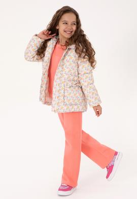 Kız Çocuk Krem Çiçek Desenli İçi Polar Kapüşonlu Mont - 50313063004