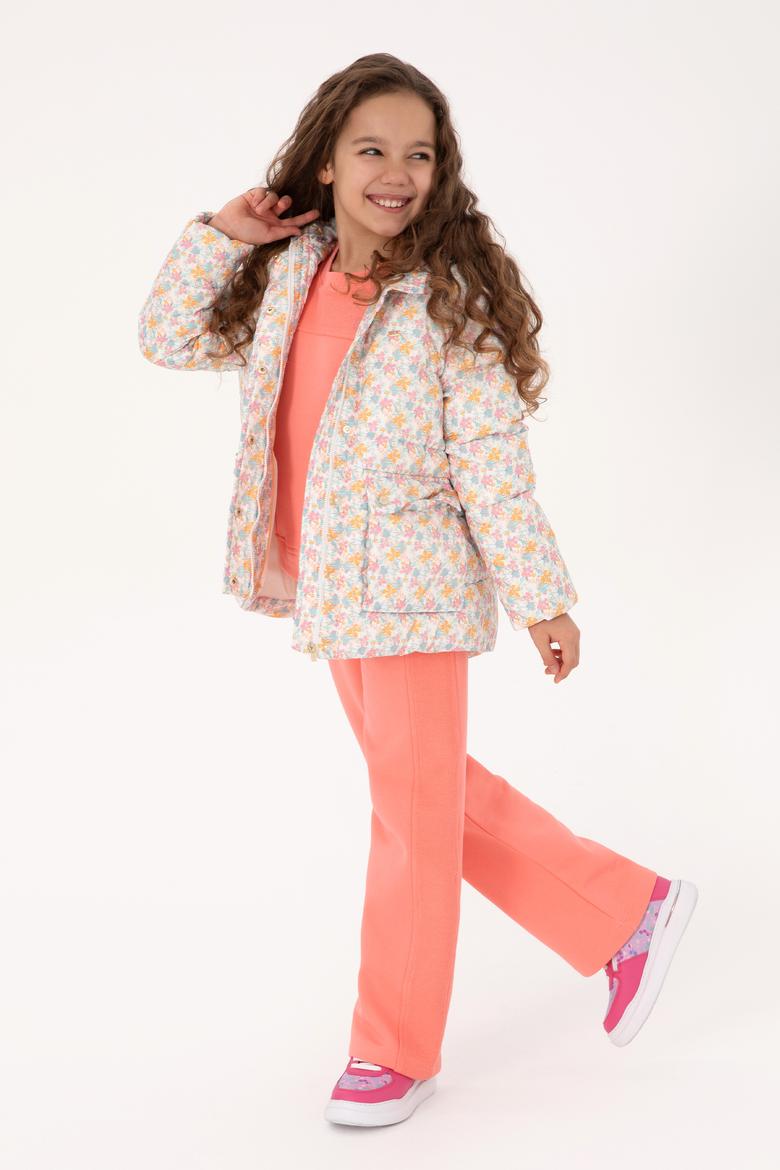 Kız Çocuk Krem Çiçek Desenli İçi Polar Kapüşonlu Mont - 50313063004