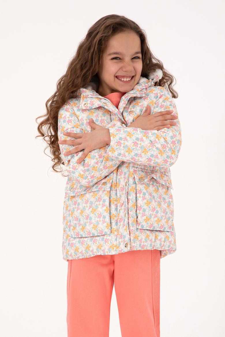 Kız Çocuk Krem Çiçek Desenli İçi Polar Kapüşonlu Mont