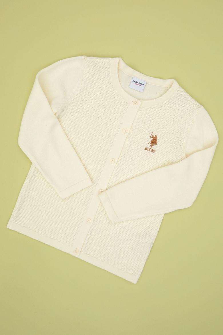 Kız Çocuk Krem Düğmeli Bisiklet Yaka Triko Hırka - 50316292054