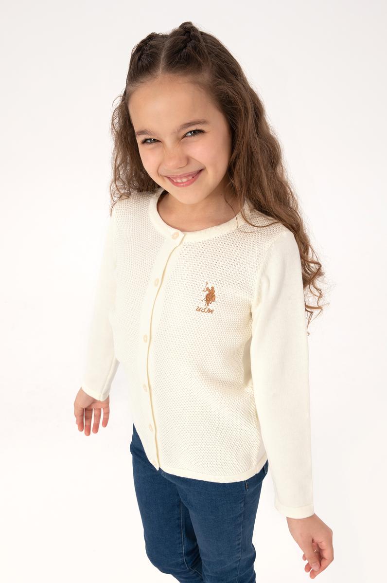 Kız Çocuk Krem Düğmeli Bisiklet Yaka Triko Hırka
