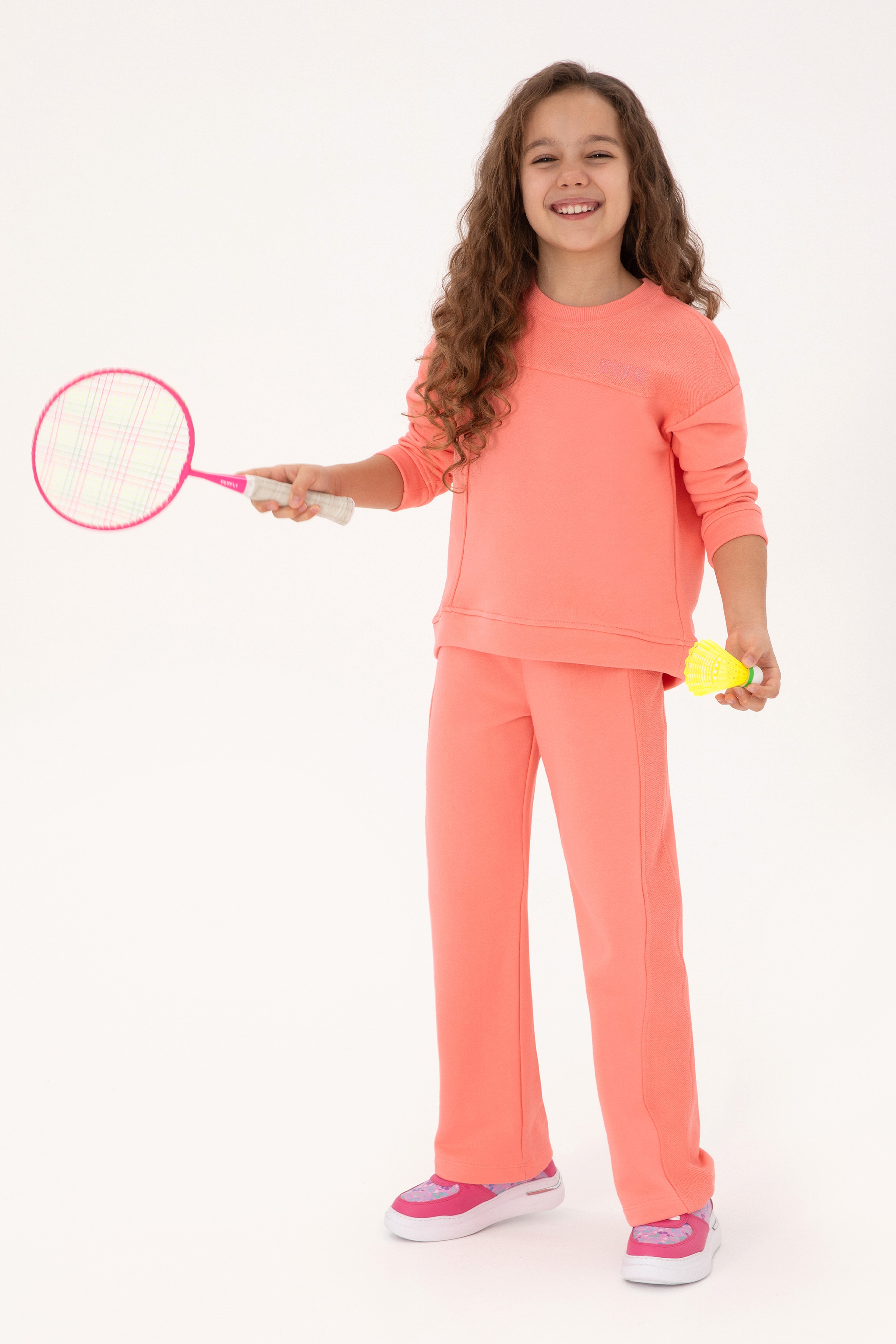 Kız Çocuk Neon Pembe Şeritli Eşofman Altı - Image 1