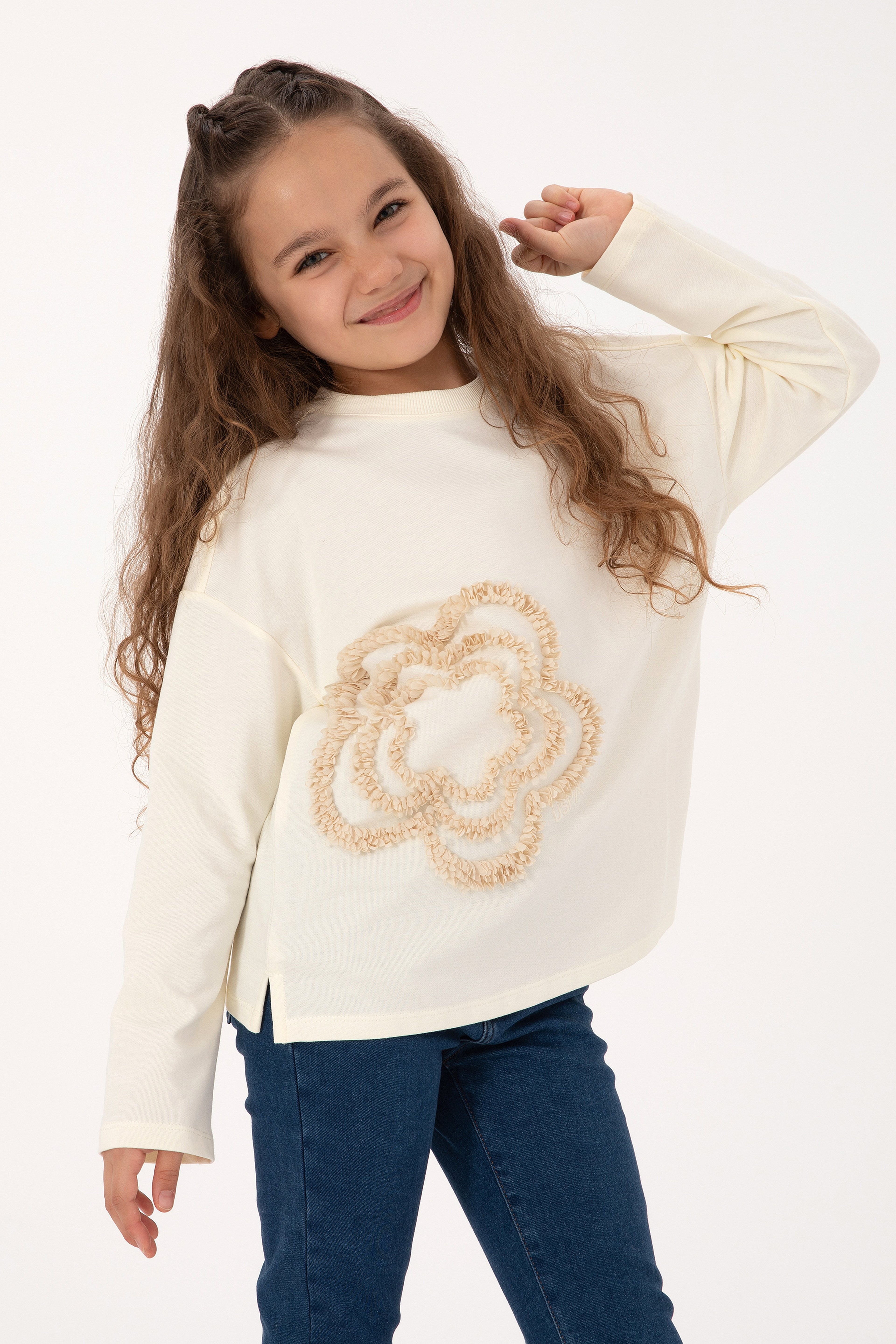 Kız Çocuk Krem Bisiklet Yaka Sweatshirt - Image 1
