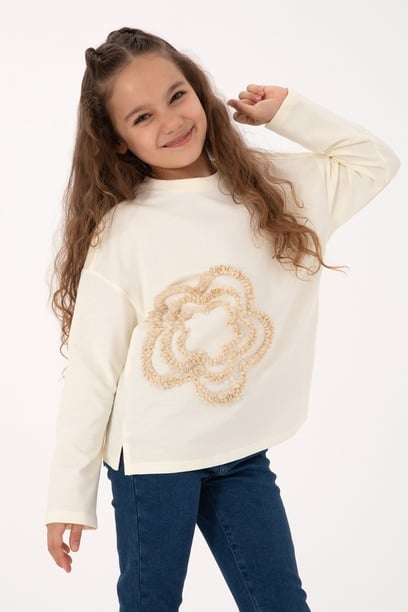 Kız Çocuk Krem Bisiklet Yaka Sweatshirt
