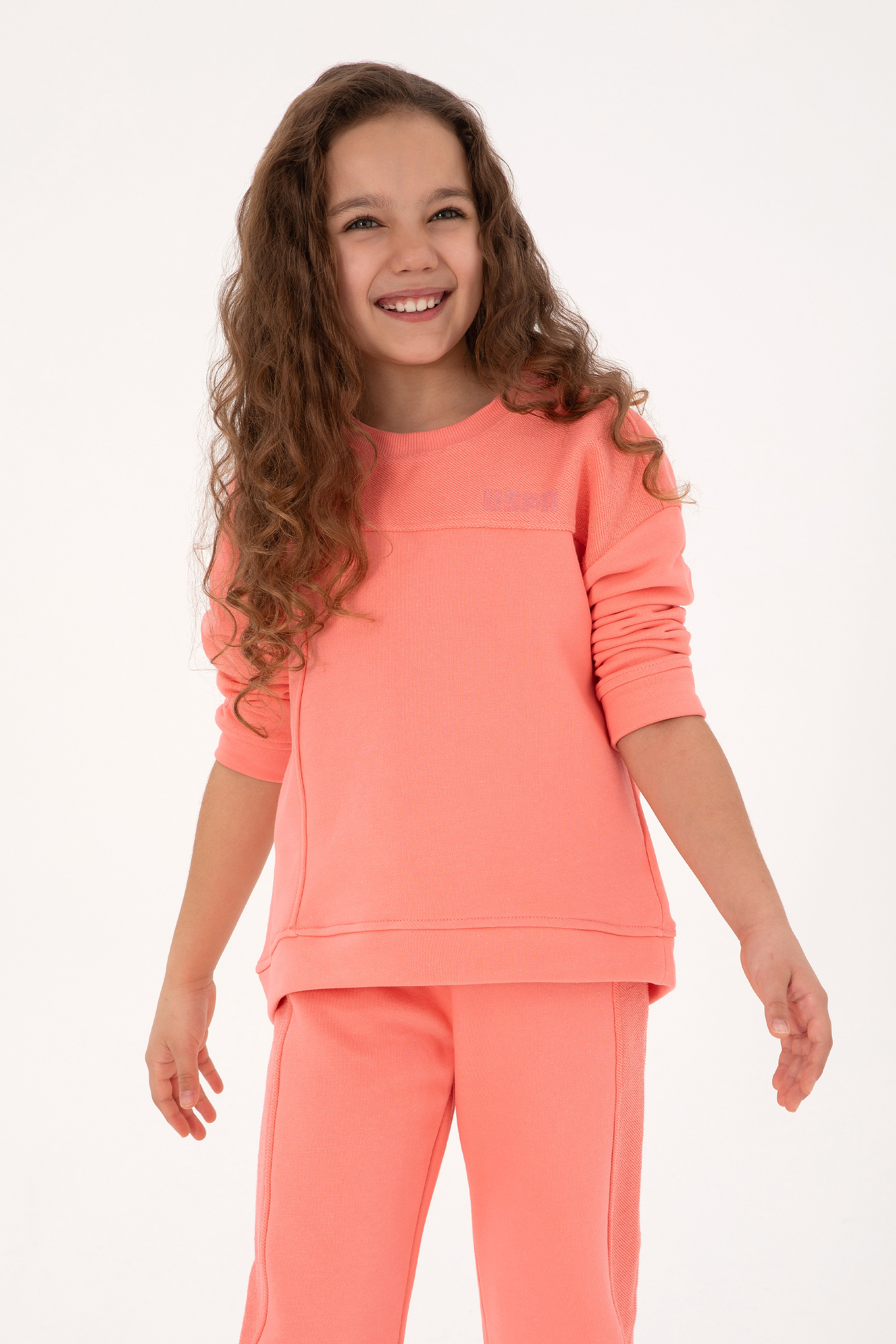 Kız Çocuk Neon Pembe Bisiklet Yaka Sweatshirt - Image 1