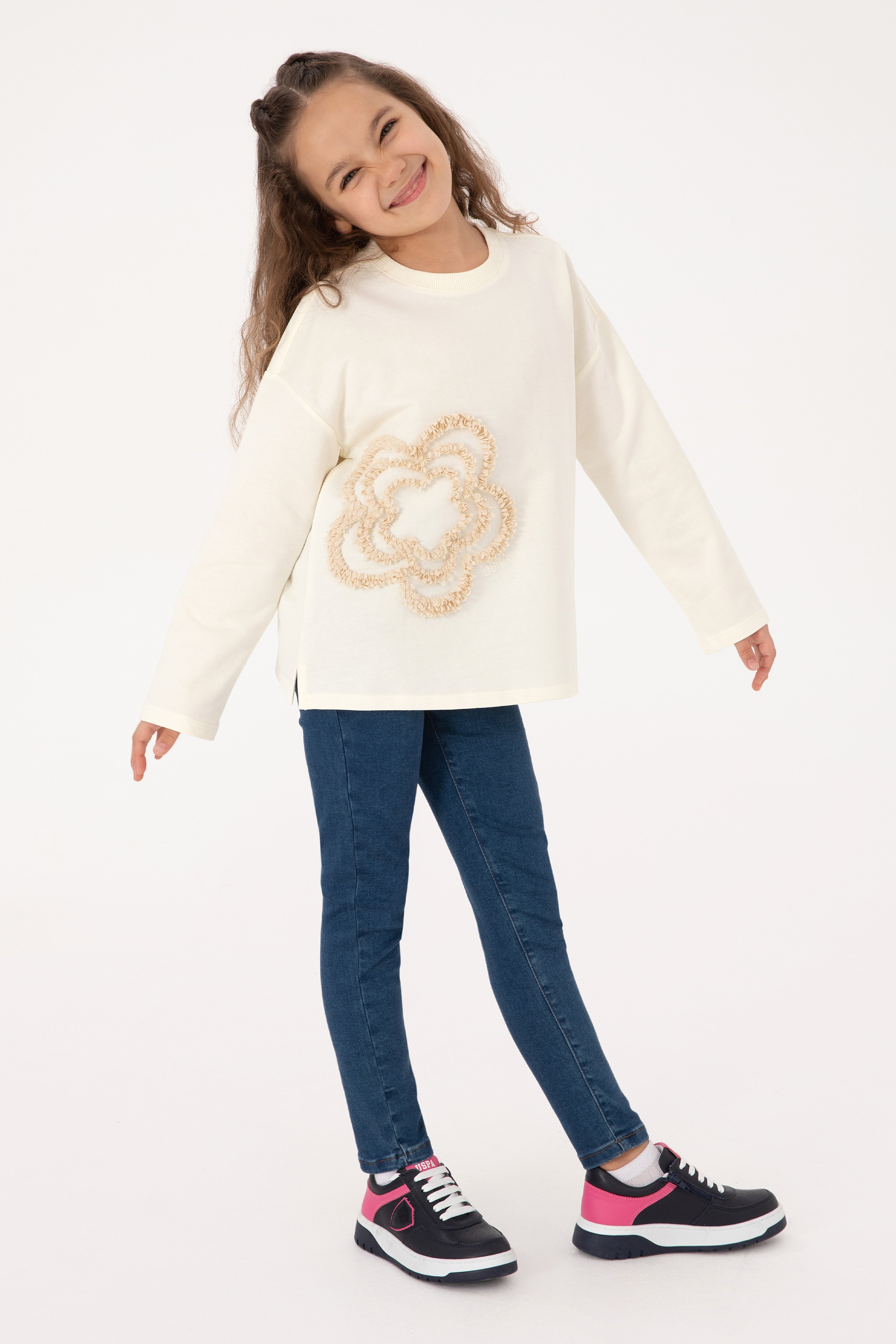 Kız Çocuk Krem Bisiklet Yaka Sweatshirt