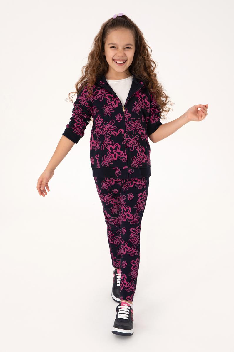 Kız Çocuk Lacivert Kapüşonlu Fermuarlı Çiçek Desenli Sweatshirt