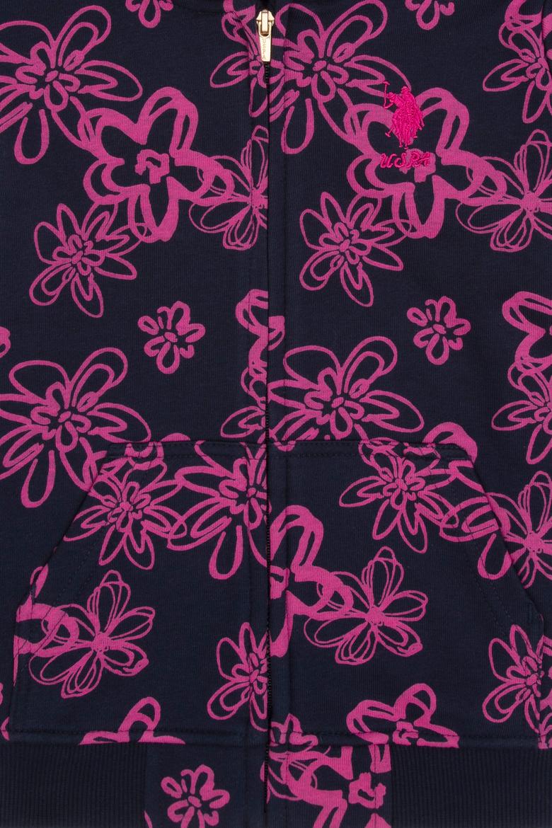 Kız Çocuk Lacivert Kapüşonlu Fermuarlı Çiçek Desenli Sweatshirt - 50317959002