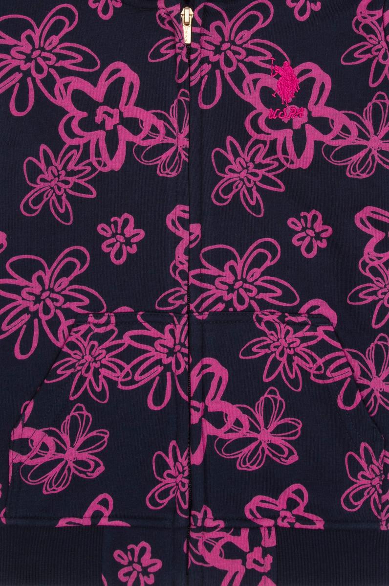 Kız Çocuk Lacivert Kapüşonlu Fermuarlı Çiçek Desenli Sweatshirt