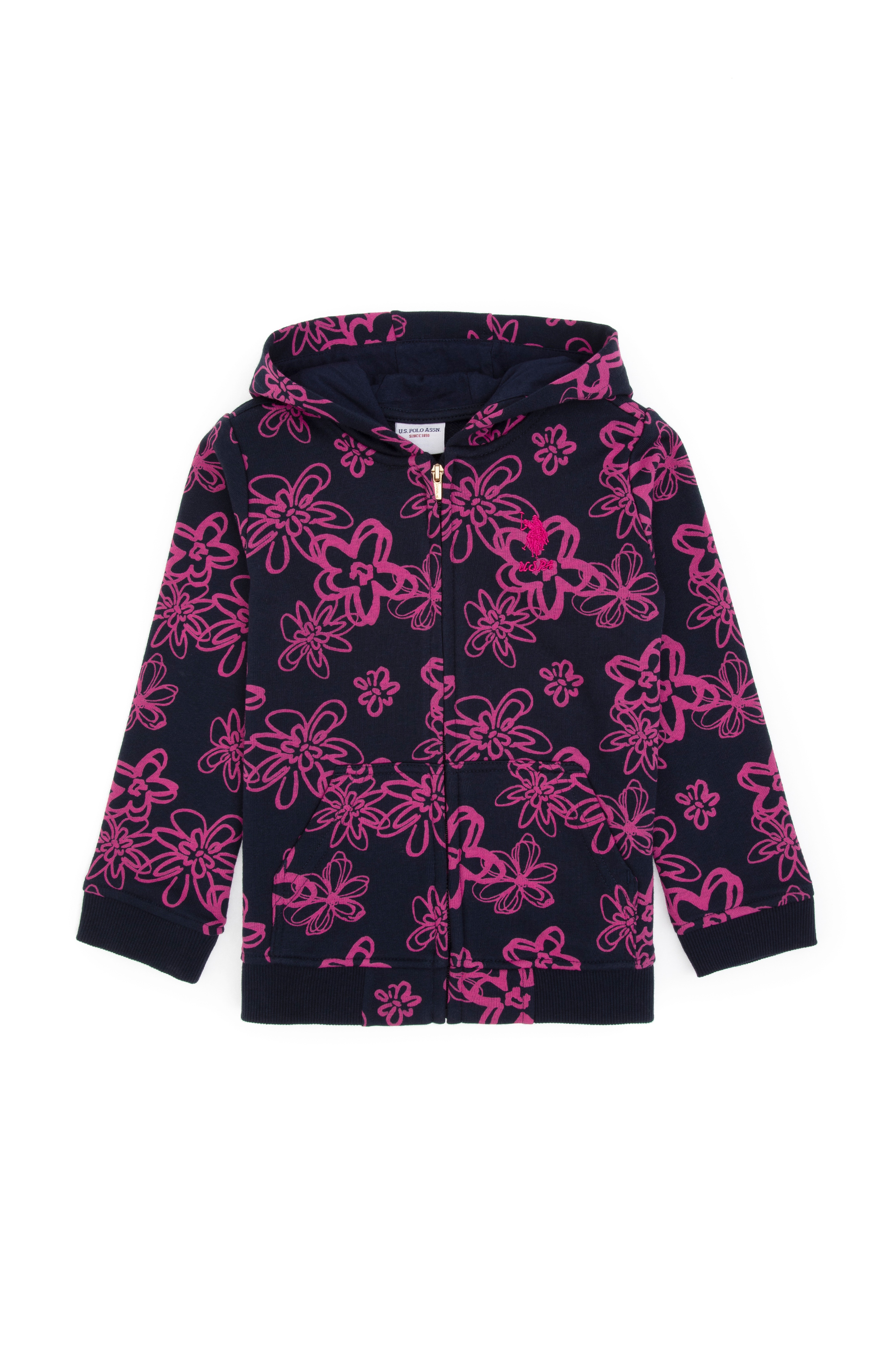 Kız Çocuk Lacivert Kapüşonlu Fermuarlı Çiçek Desenli Sweatshirt - Image 3