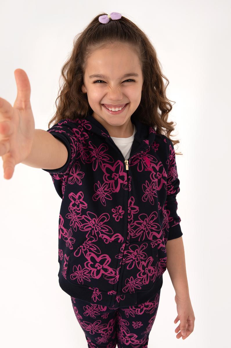 Kız Çocuk Lacivert Kapüşonlu Fermuarlı Çiçek Desenli Sweatshirt