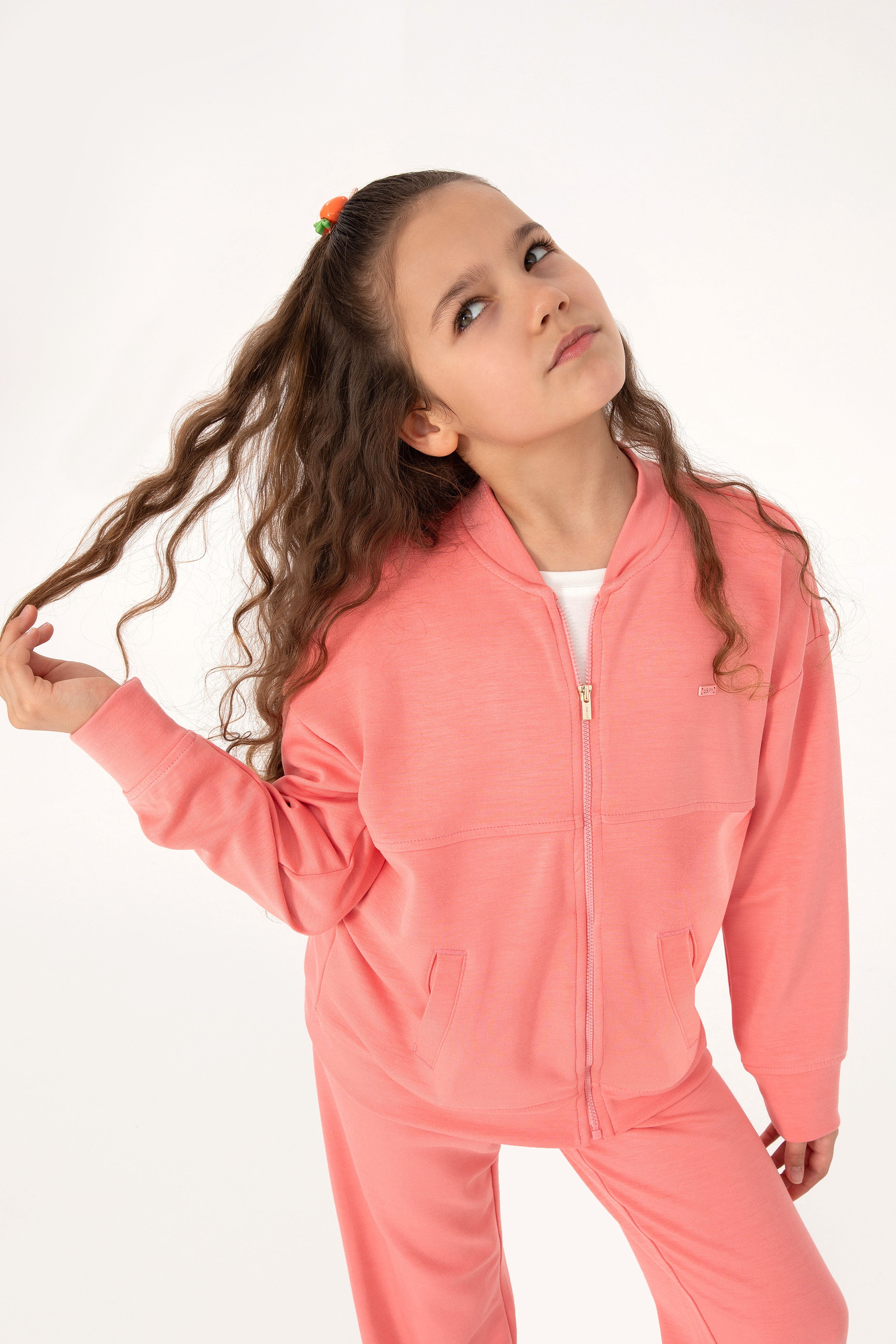 Kız Çocuk Neon Pembe Fermuarlı Örme Hırka - Image 1