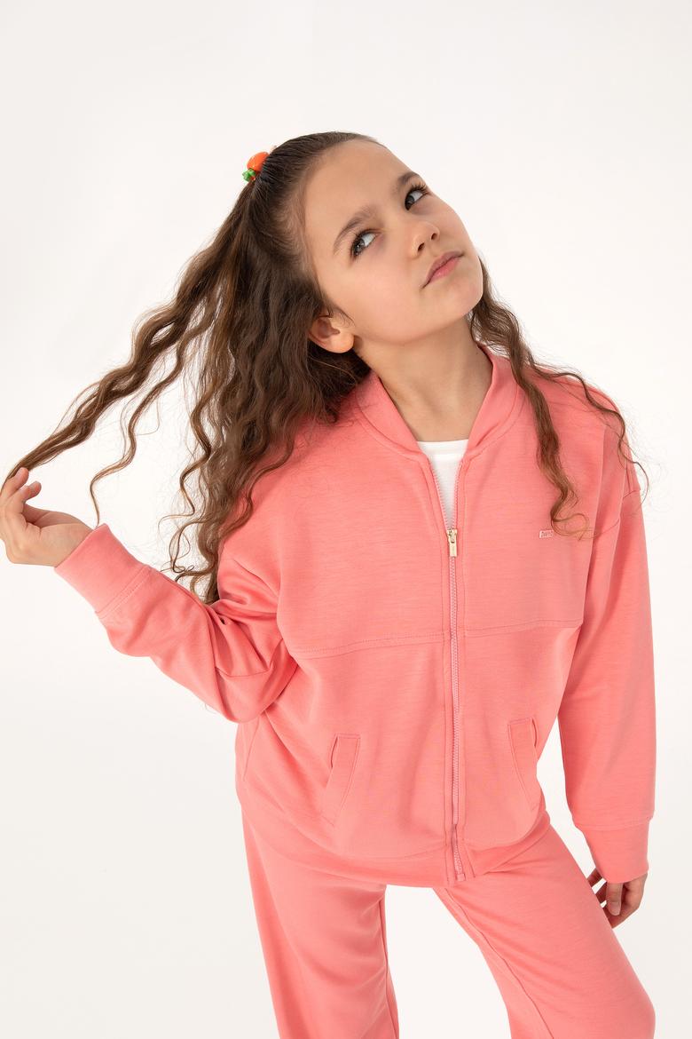Kız Çocuk Neon Pembe Fermuarlı Örme Hırka