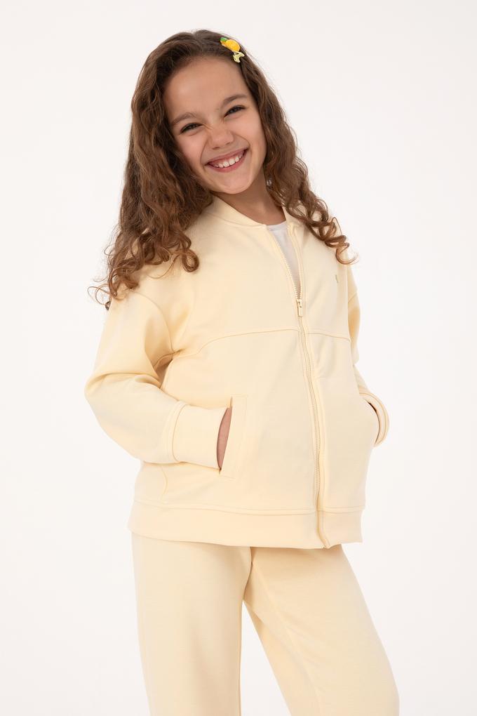 Kız Çocuk Ekru Fermuarlı Örme Hırka