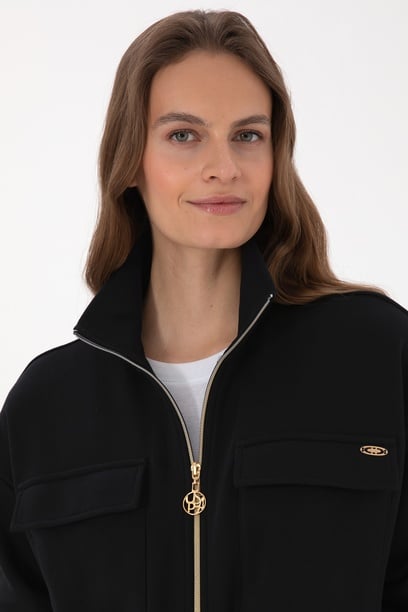 Kadın Siyah Fermuarlı Dik Yaka Sweatshirt