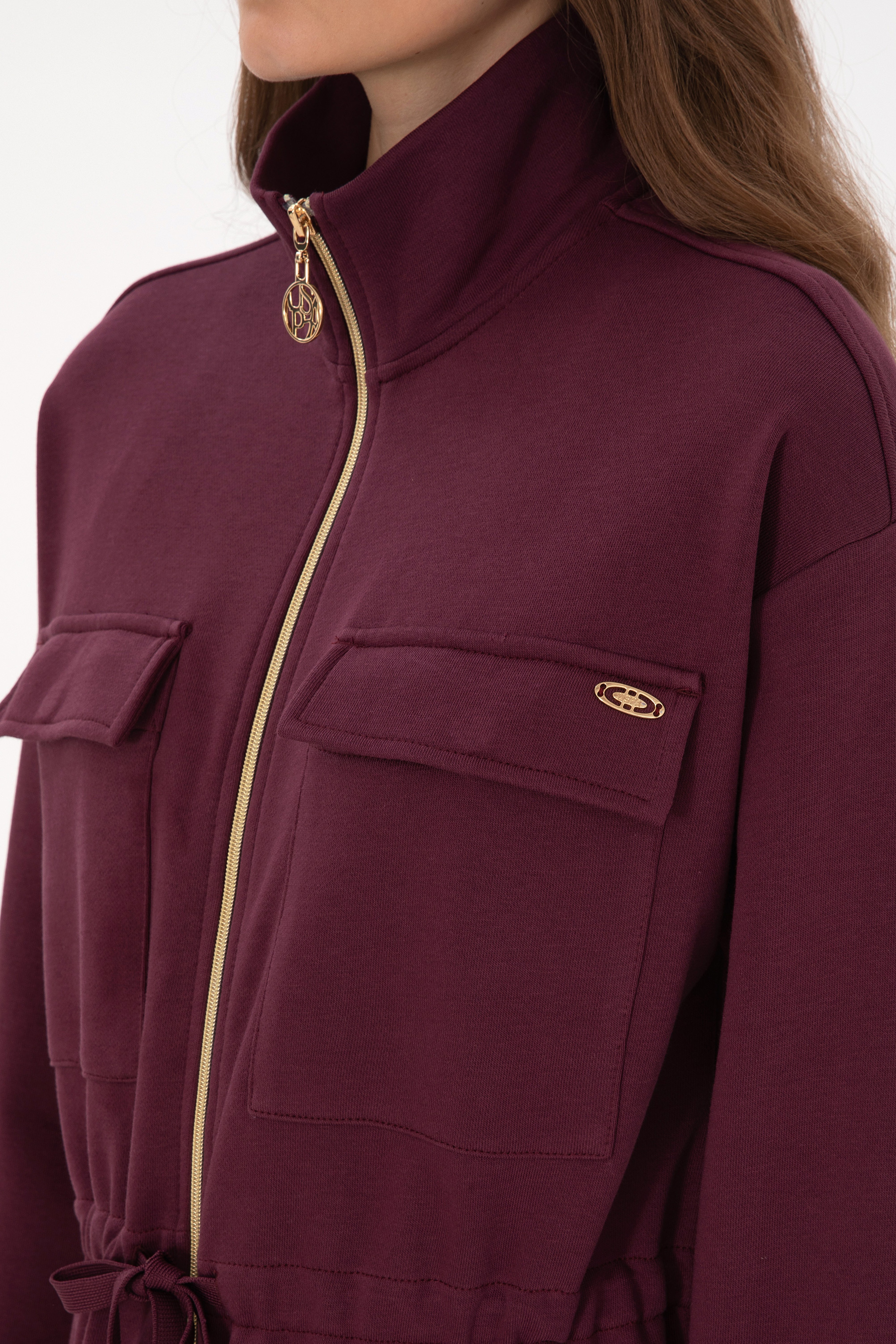 Kadın Bordo Fermuarlı Dik Yaka Sweatshirt