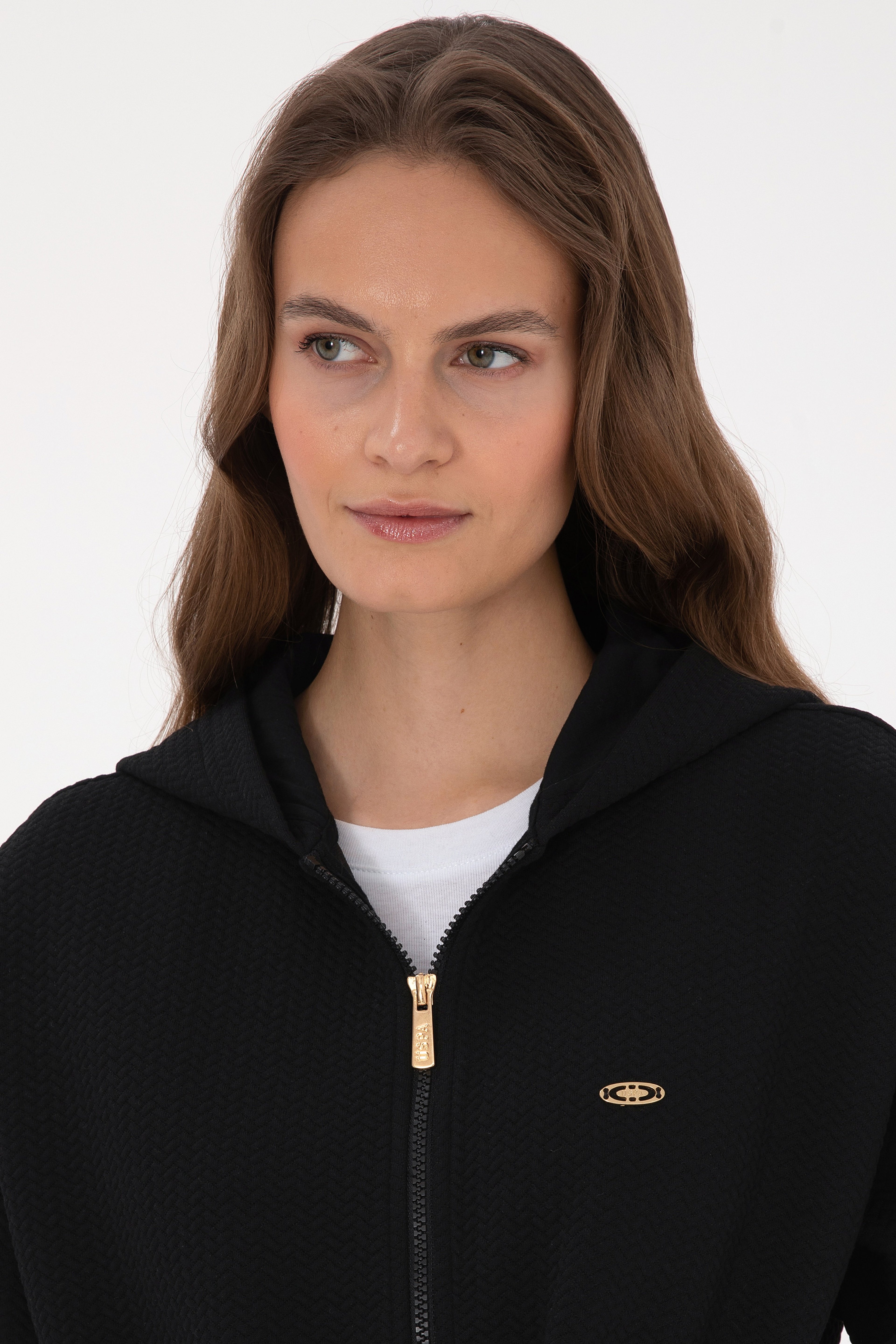 Kadın Siyah Fermuarlı Kapüşonlu Sweatshirt - Image 2
