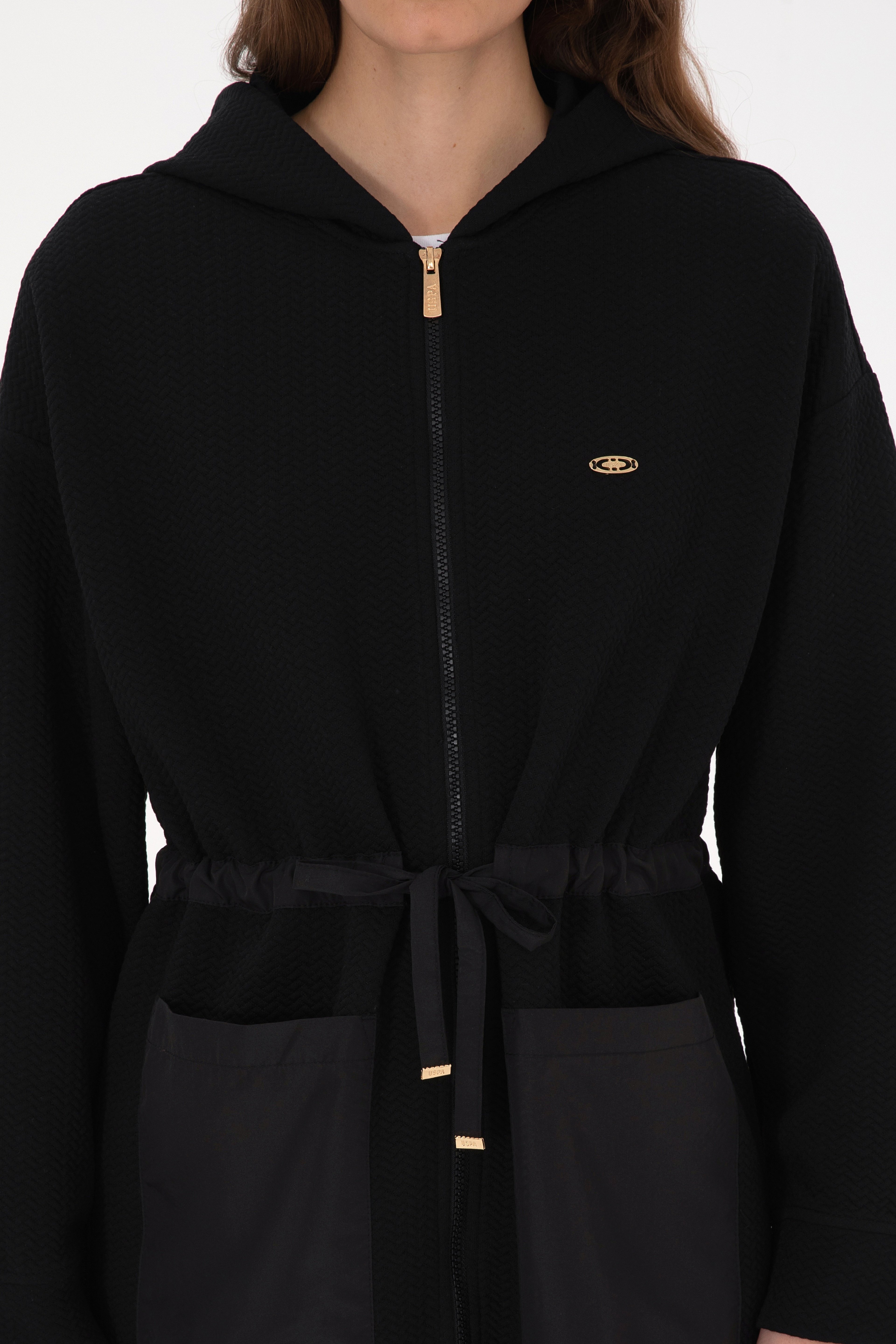 Kadın Siyah Fermuarlı Kapüşonlu Sweatshirt - Image 6