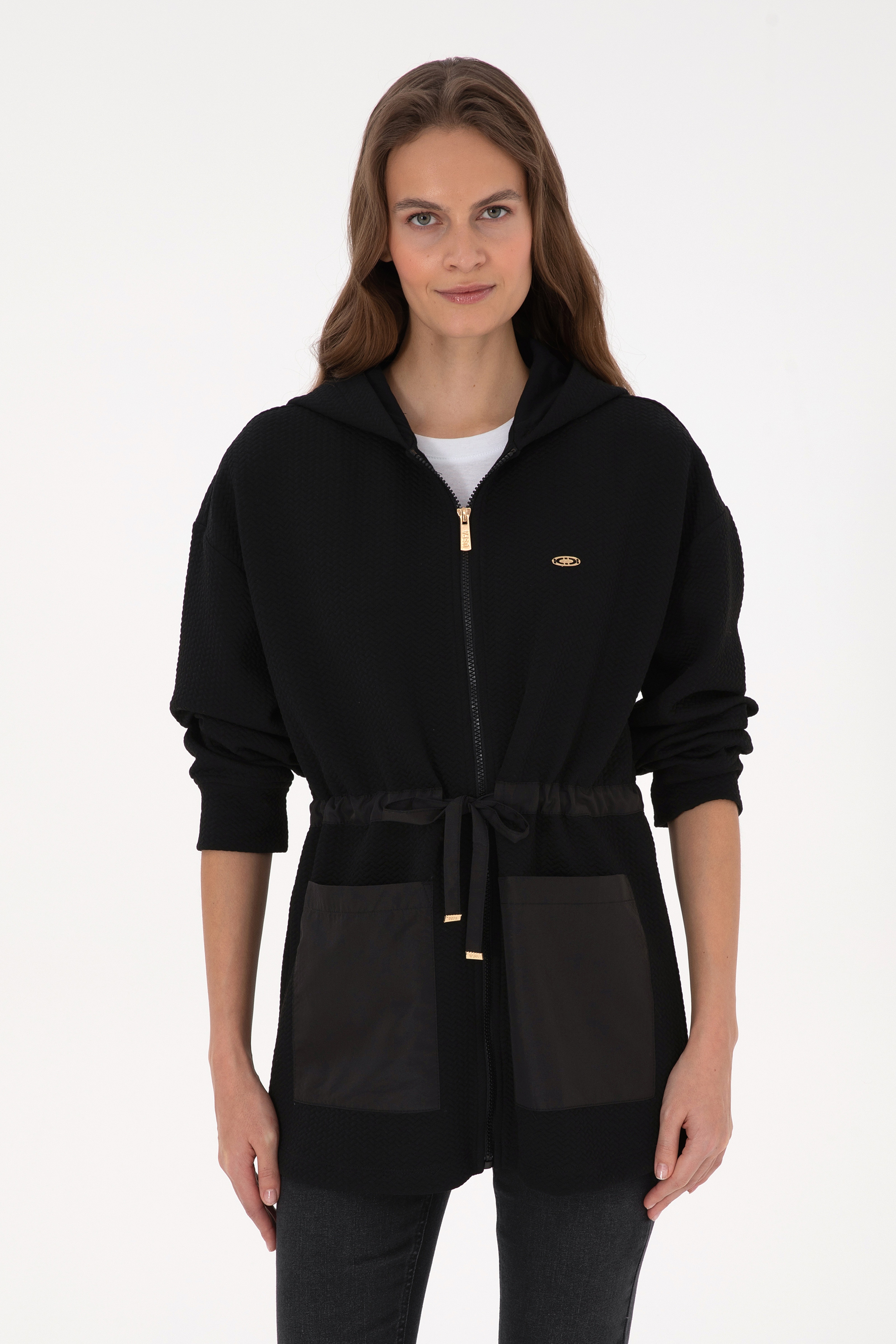 Kadın Siyah Fermuarlı Kapüşonlu Sweatshirt - Image 3