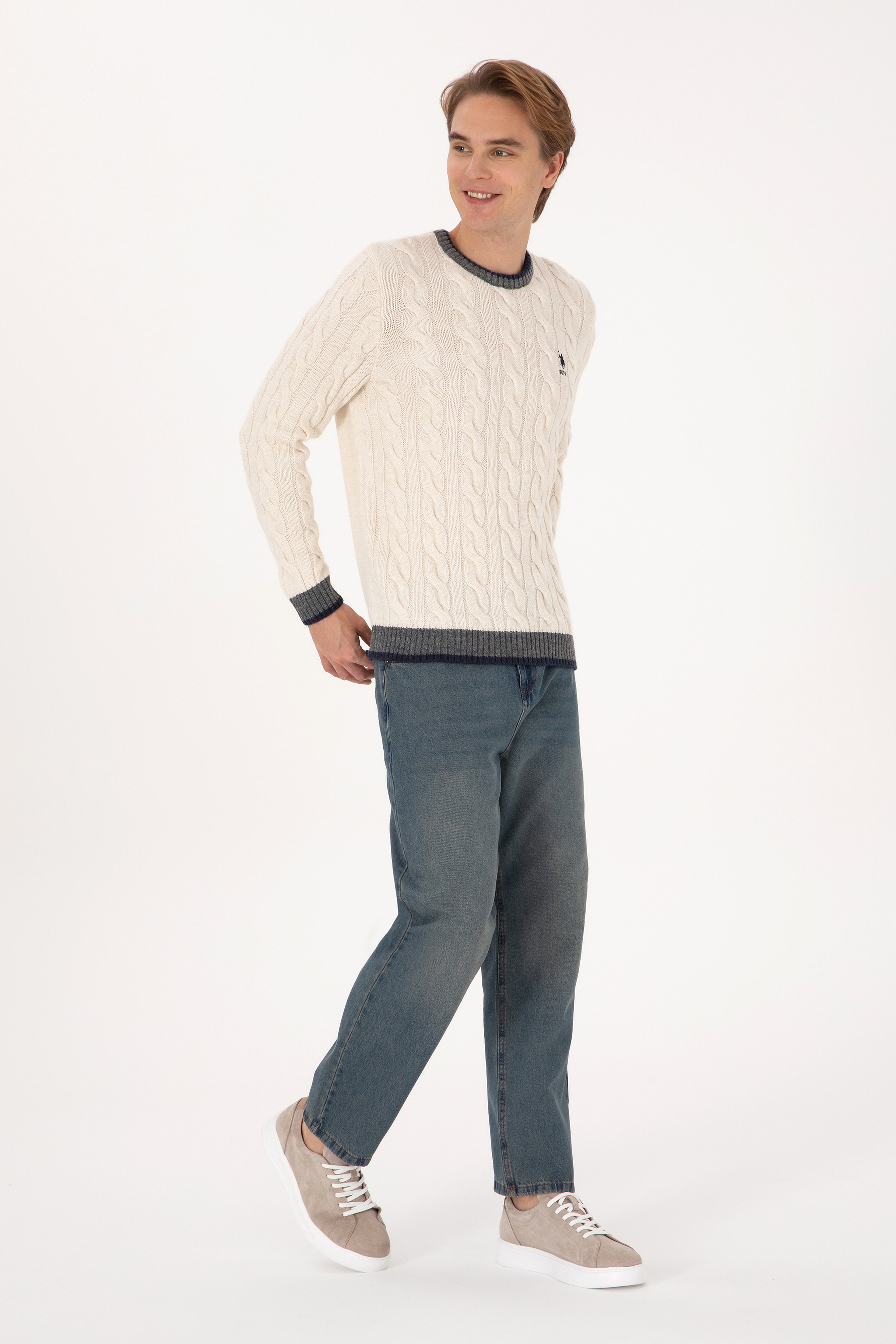 Erkek Krem Regular Fit Bisiklet Yaka Kazak - Image 4