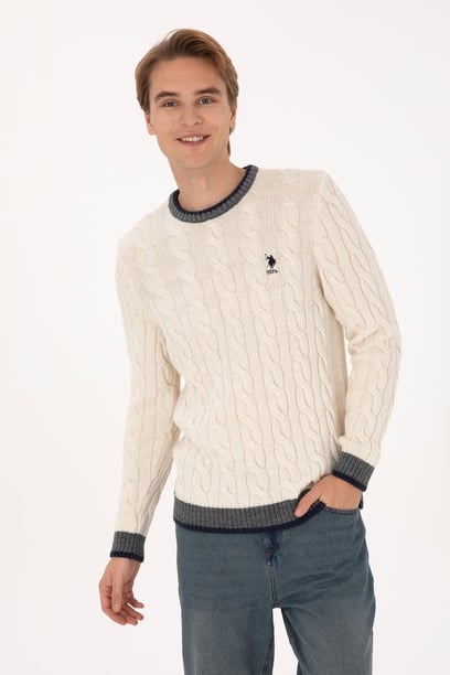 Erkek Krem Regular Fit Bisiklet Yaka Kazak