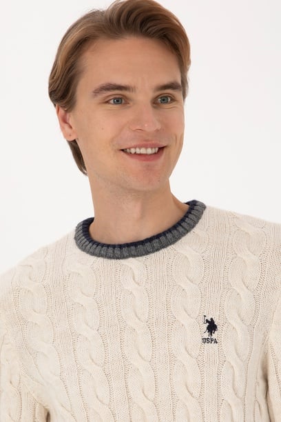 Erkek Krem Regular Fit Bisiklet Yaka Kazak