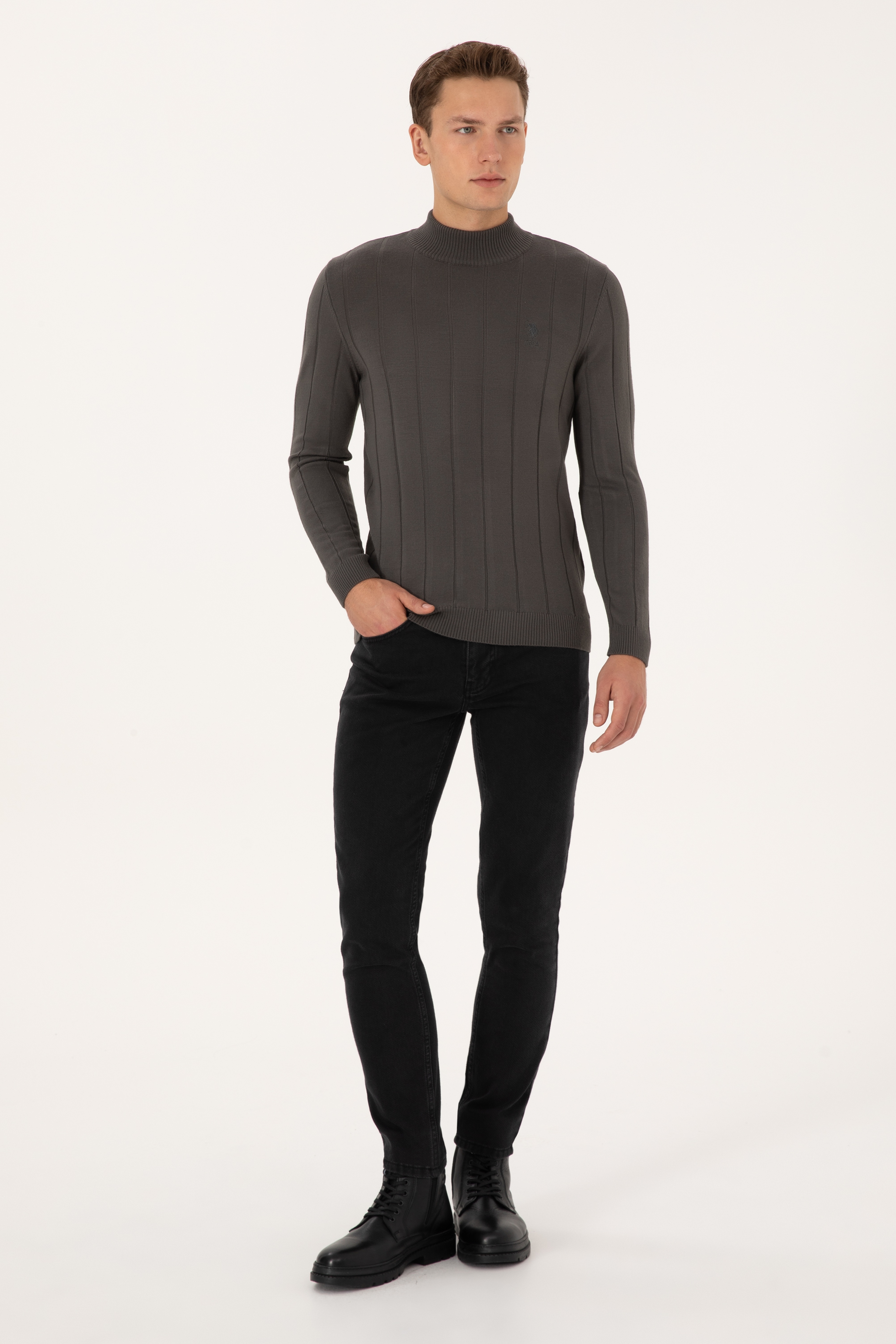 Erkek Slim Fit Yarım Balıkçı Yaka Gri Kazak - Image 4