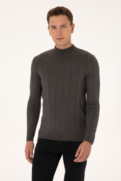 Erkek Slim Fit Yarım Balıkçı Yaka Gri Kazak
