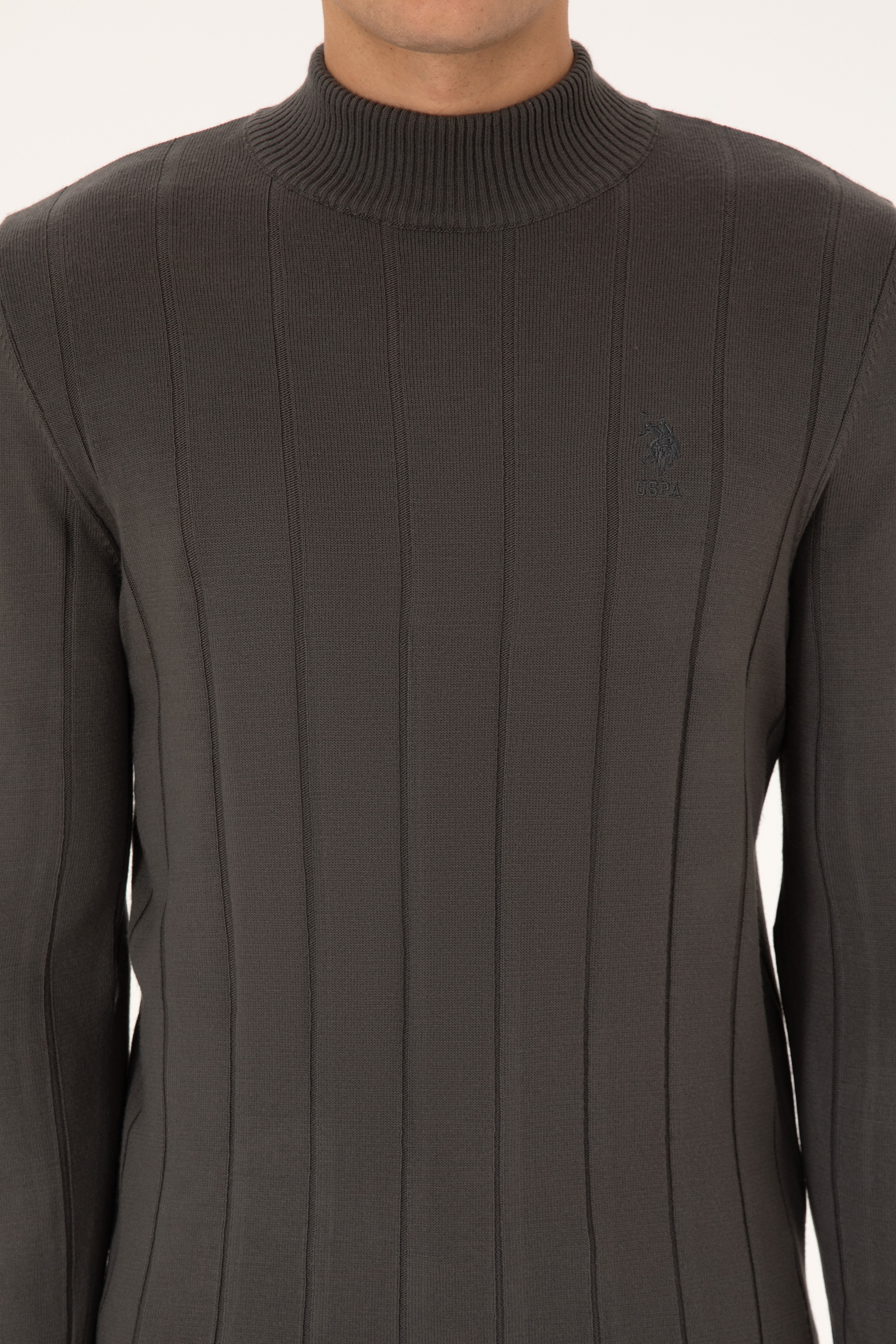 Erkek Slim Fit Yarım Balıkçı Yaka Gri Kazak