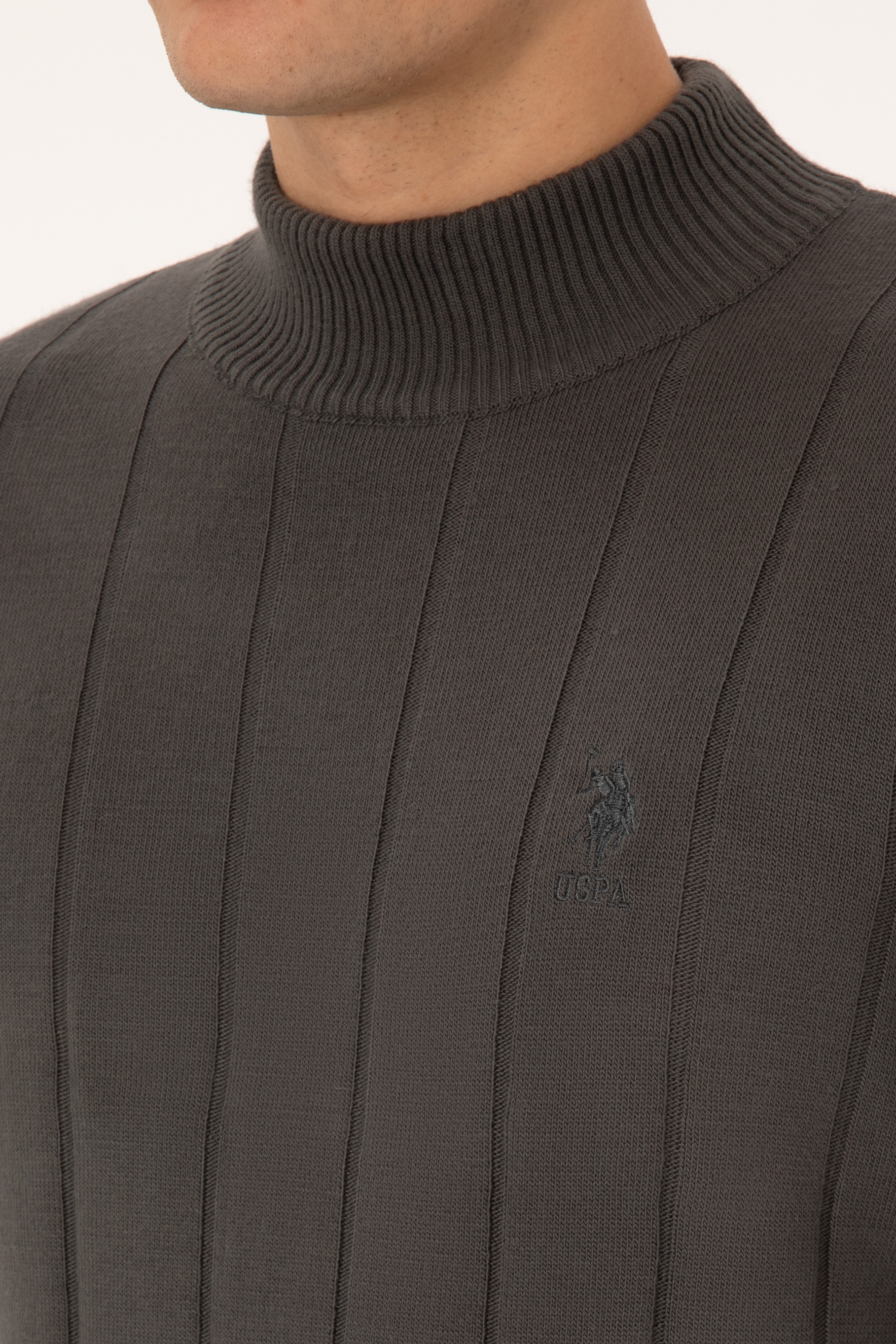 Erkek Slim Fit Yarım Balıkçı Yaka Gri Kazak